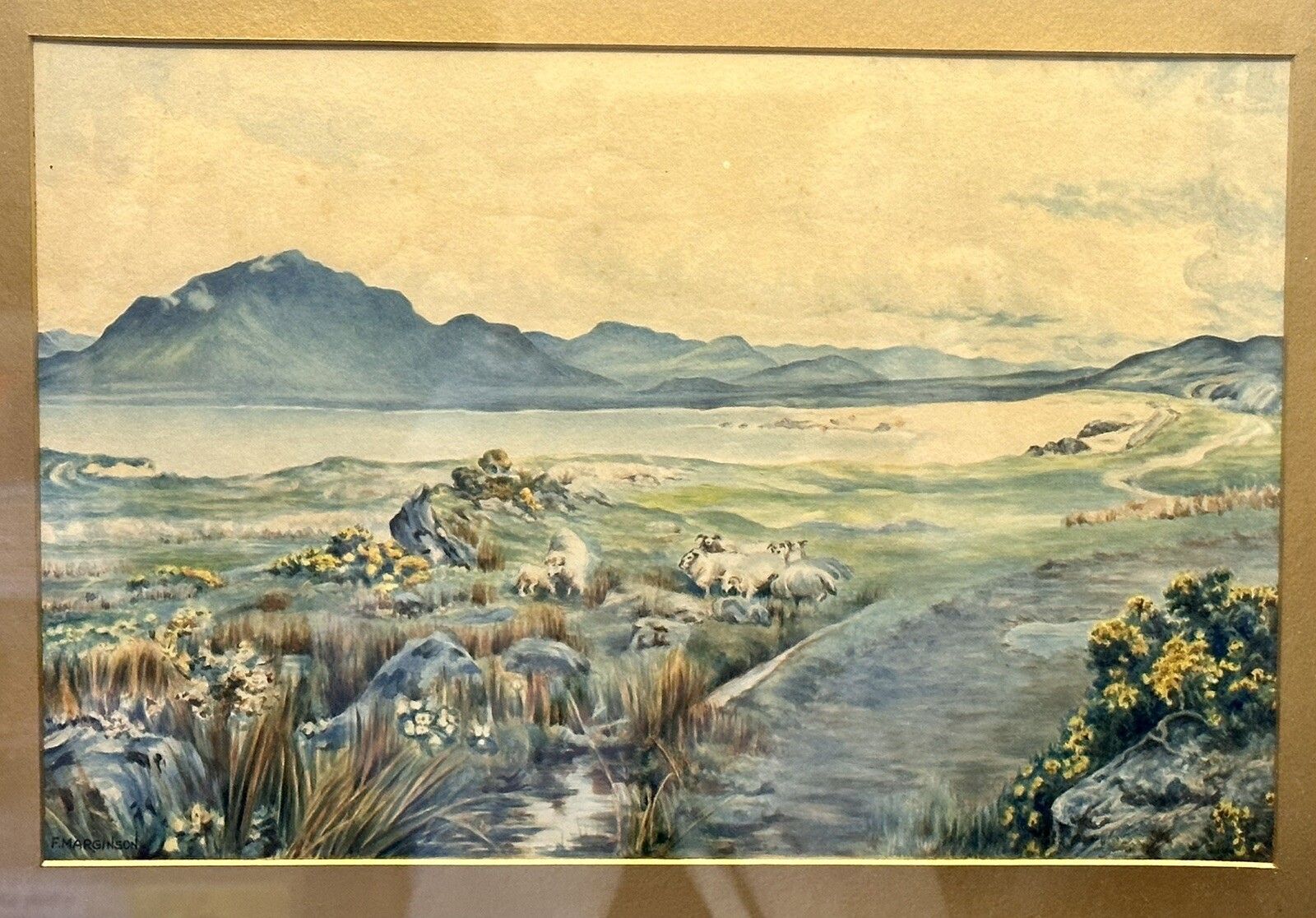 Antique 19th Century Signed Watercolour, Sheep Mountainous, Seascape Scene photo furniture