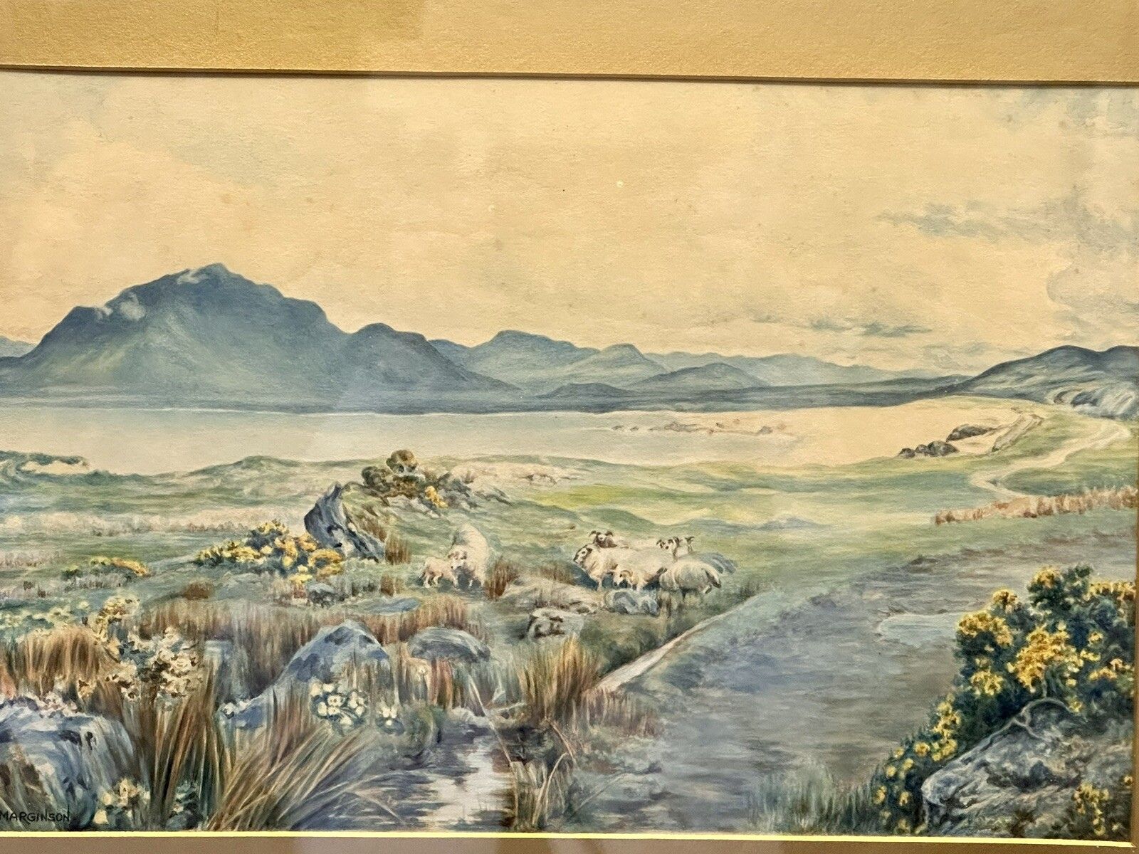 Antique 19th Century Signed Watercolour, Sheep Mountainous, Seascape Scene photo for sale