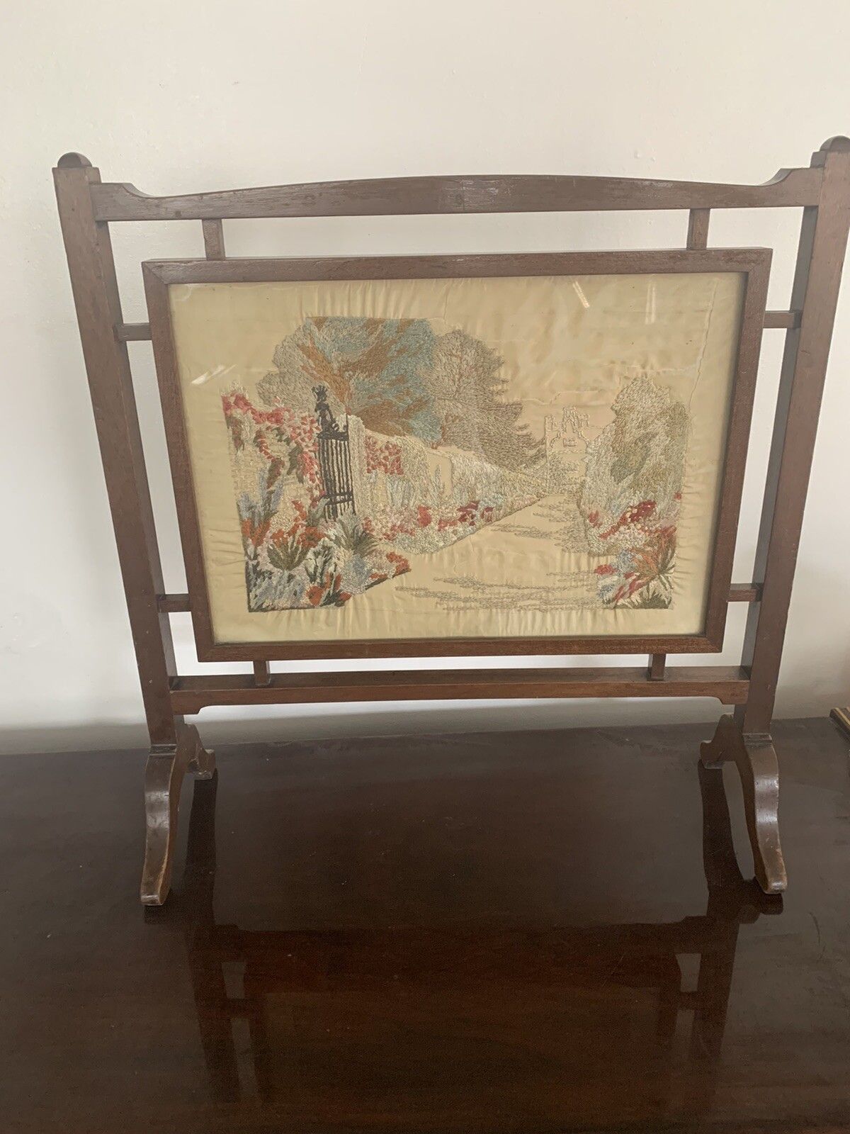 Art Deco Silk Embroidered  Small Fire Screen Scene Of The Cotswold Stroud