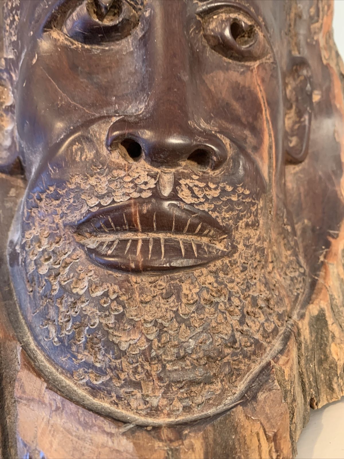 African. Authentic Antique Art Tribal Carved Face In Wooden Tree Trunk photo 150.0