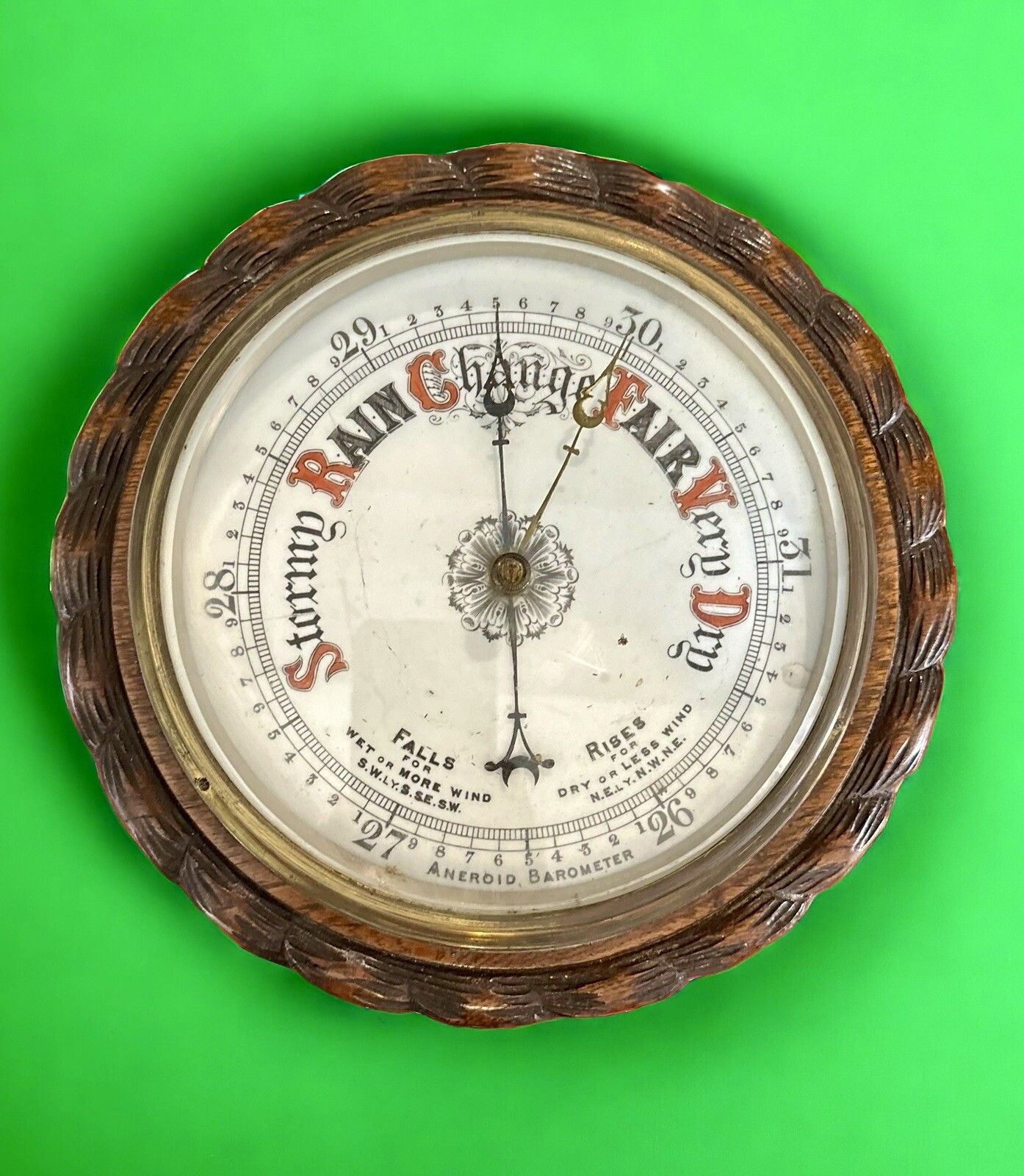 Large C1900’s Antique Carved Rope Edge Oak Barometer 27cm Diameter