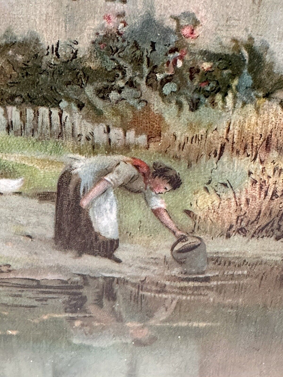 Exquisite Early C20th English Rural Cottage By A Pond 50cm By 40cm photo Art