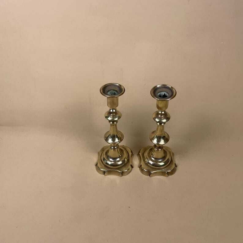 Antique Matching Pair Of 2 Gold Solid Brass Metal Candlestick Candle Stick Ornate Vintage Taper Dinner Candlesticks Set photo buy