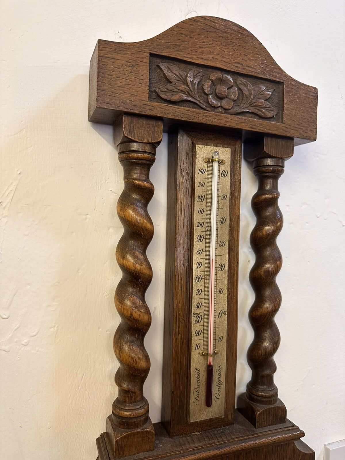 Superb Art Deco Oak Barley Twist Weather Barometer Tyco’s  England photo vinterior