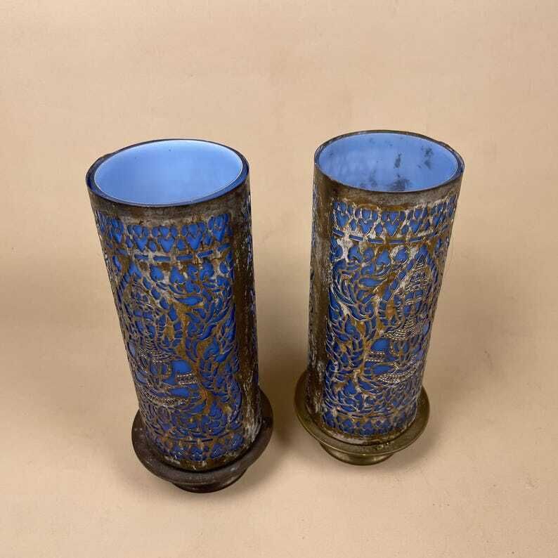 Antique Pair Of Matching Indian Cut Metal Brass Glass Candlestick Candle Stick Holder Tea Lights Vintage Candlesticks Blue Ornate Patterned photo furniture