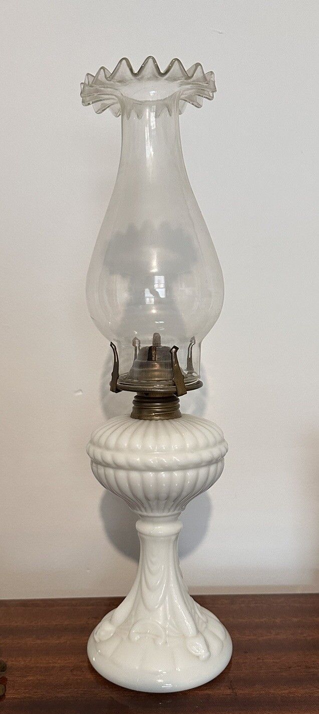 Antique 19th C French Portieux Vallerysthal White Opaline Milk Glass Oil Lamp