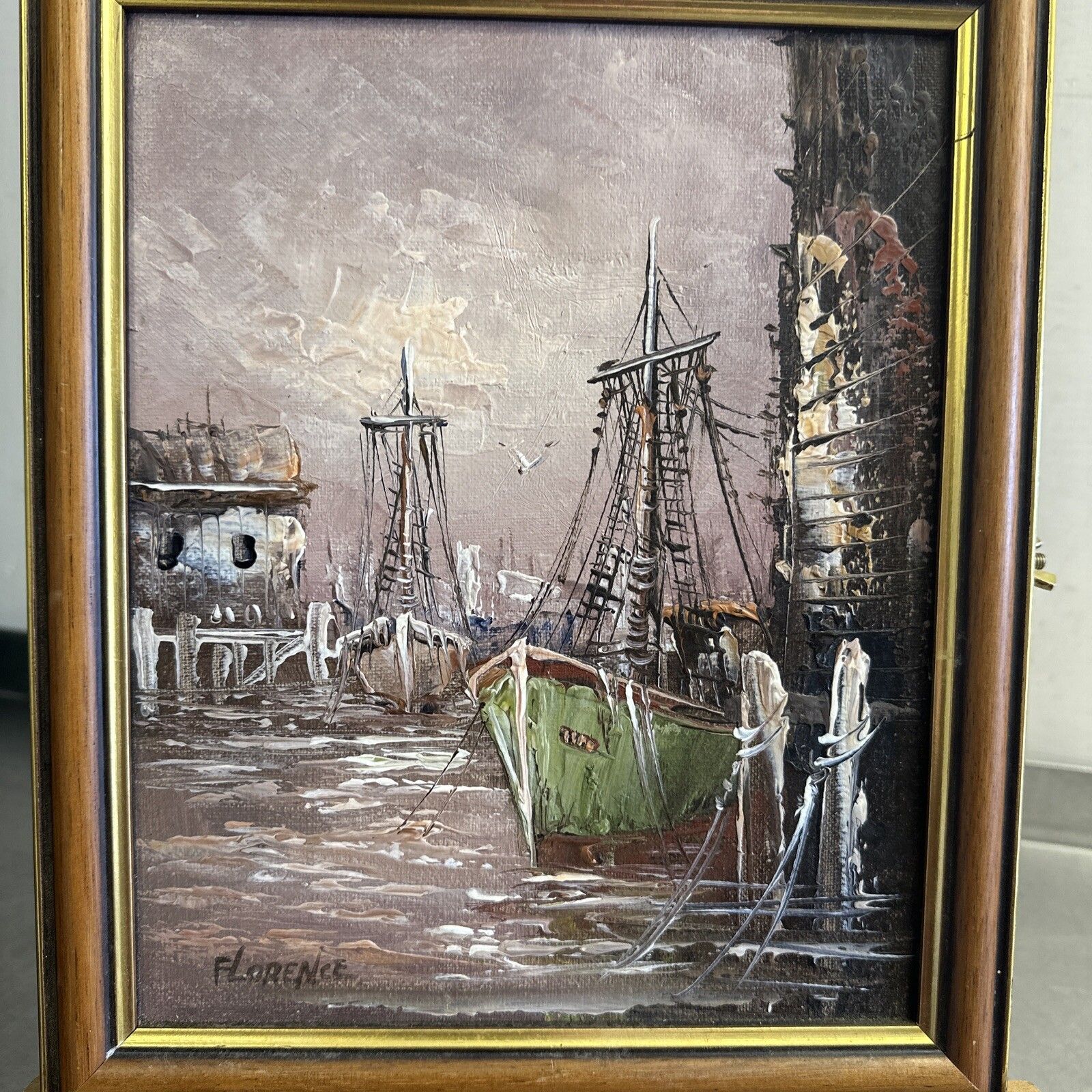 Mid Century Sailboat Oil Painting Harbour Port Seascape Abstract Art Signed photo furniture