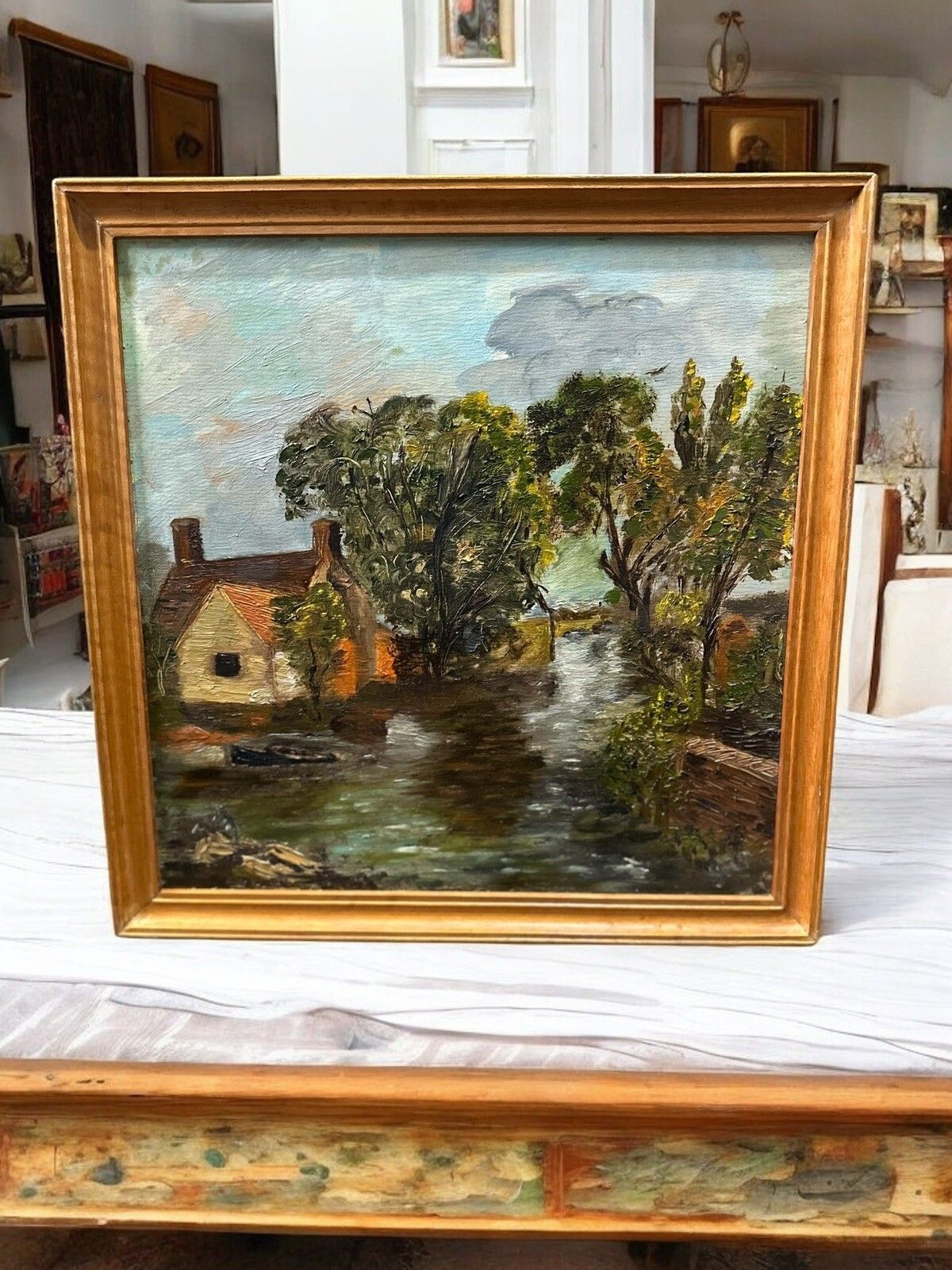 Original Oil Painting Bord L’yerre De Seine C1930’s photo furniture