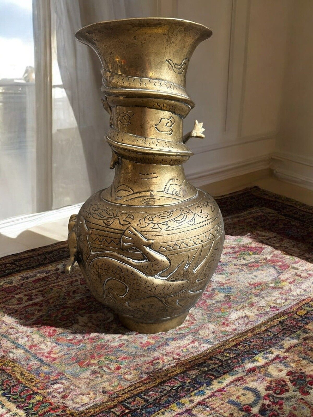 Antique Bronze Dragon Vase Oriental Chinese Stamp To Base photo Home Decor