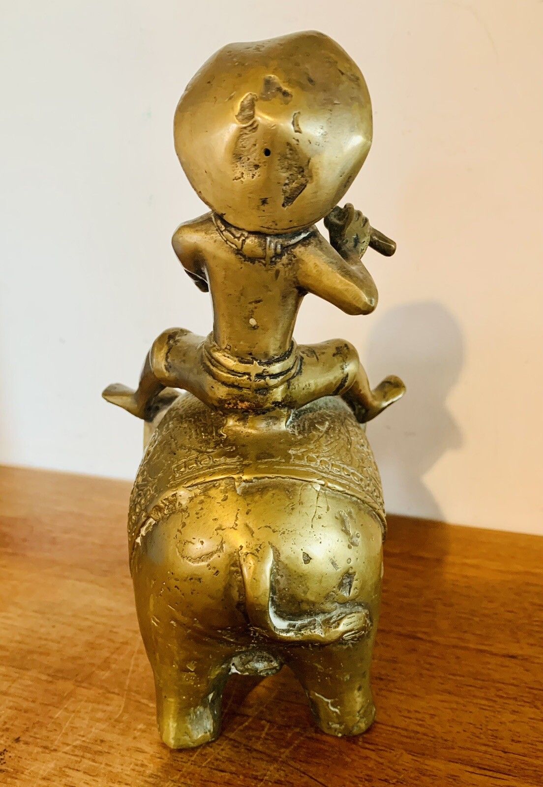 Antique Oriental Chinese Heavy Brass Bronze Shepherd Boy Riding Elephant Statue photo for sale