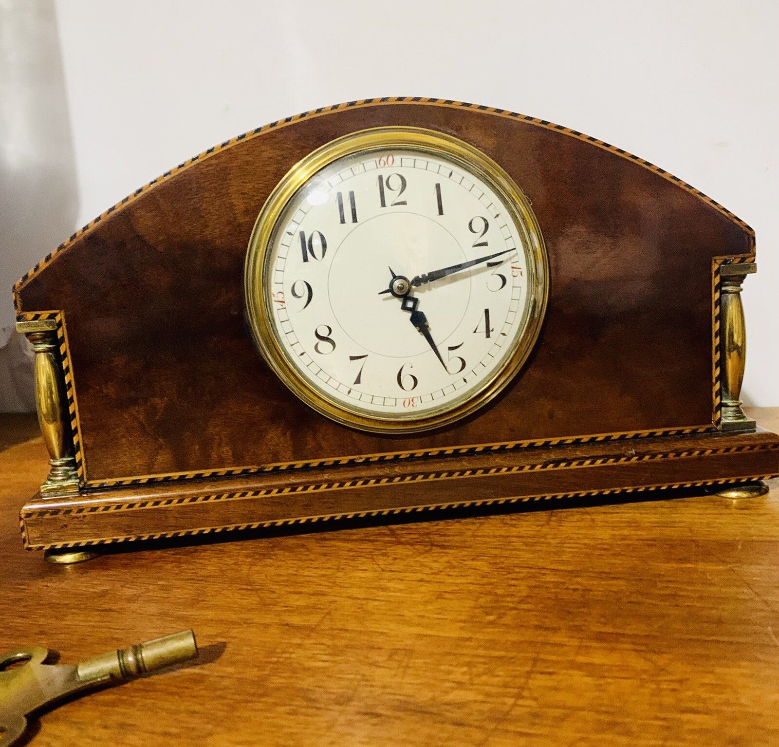 Antique Edwardian French Inlaid Domed Pillar Mantle Clock Mechanical Stunning￼ photo furniture