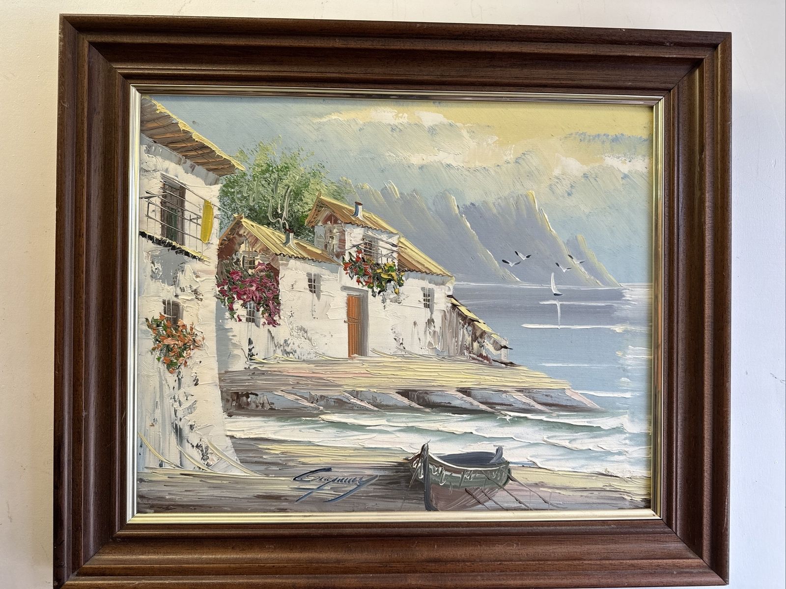 Seascape Marine Signed Oil On Canvas Yacht Fishing Boat Dutch White Houses photo furniture