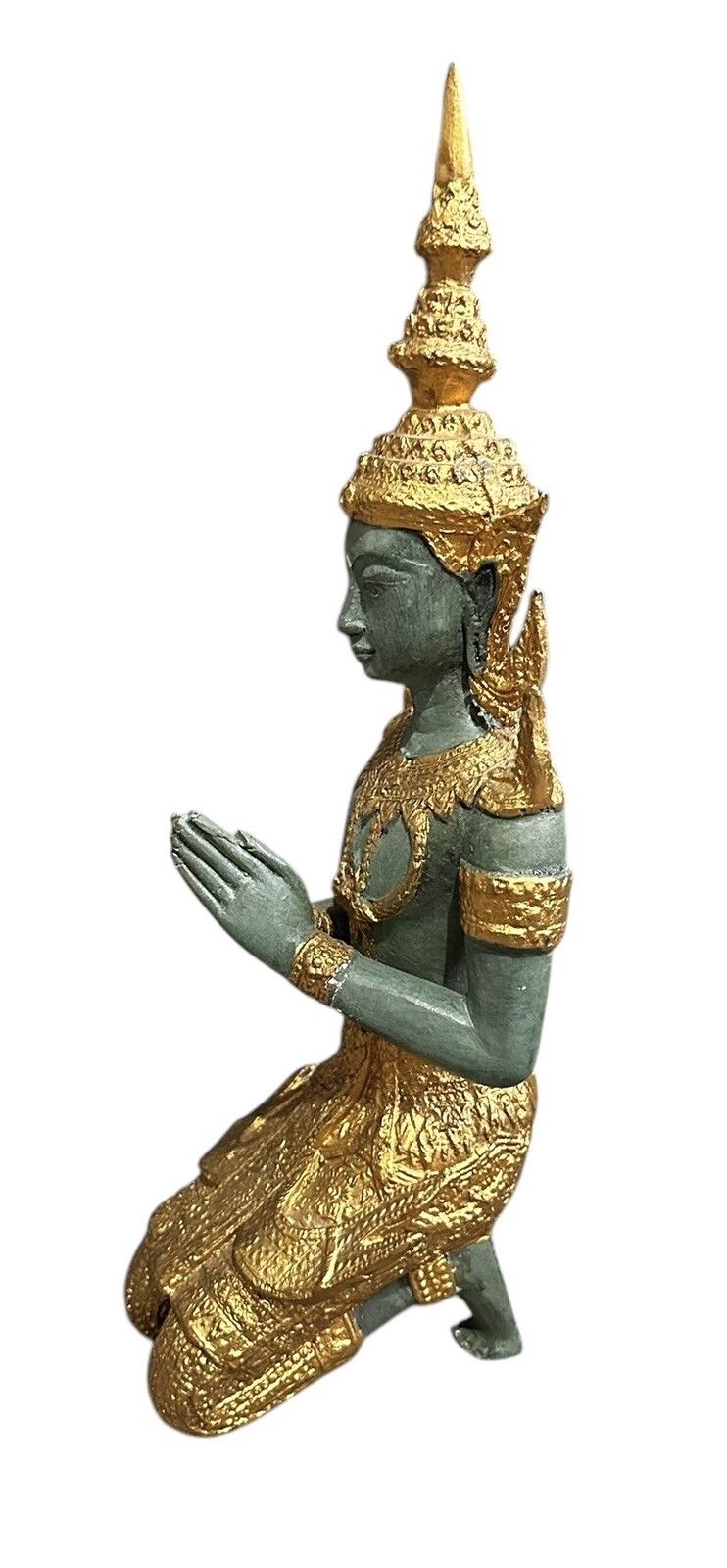 Early 20th Gilt Verdi Heavy Bronze Kneeling Praying Deity 33cm Tall photo Art