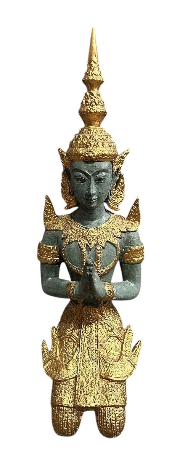 Early 20th Gilt Verdi Heavy Bronze Kneeling Praying Deity 33cm Tall photo 95.0