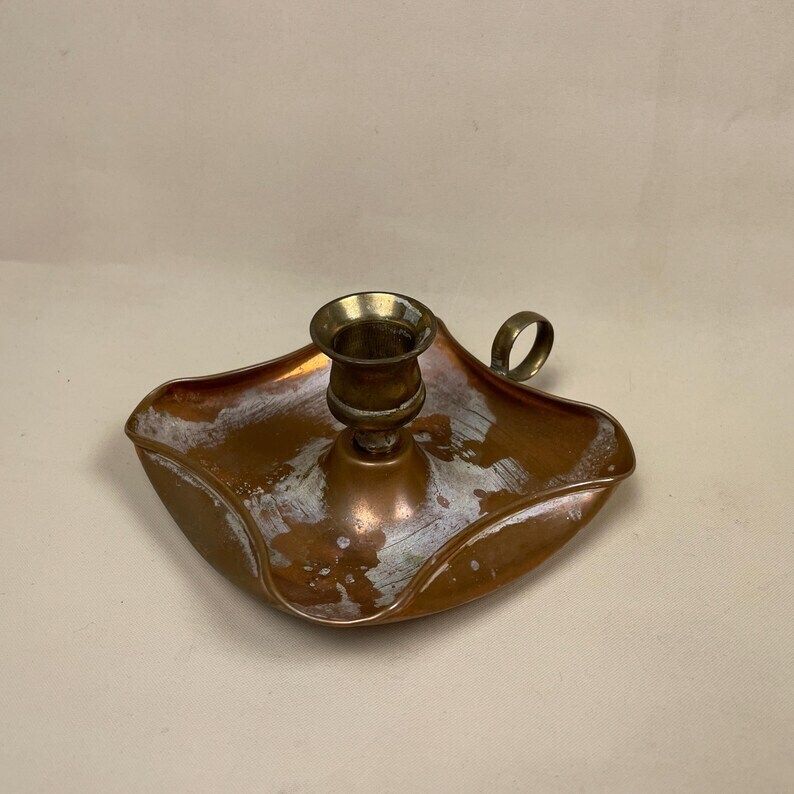Antique Copper Brass Metal Candlestick Chamber Candle Stick Handle Ornate Patterned Base Vintage Round Handle Taper Dinner Aged Patina Brass
