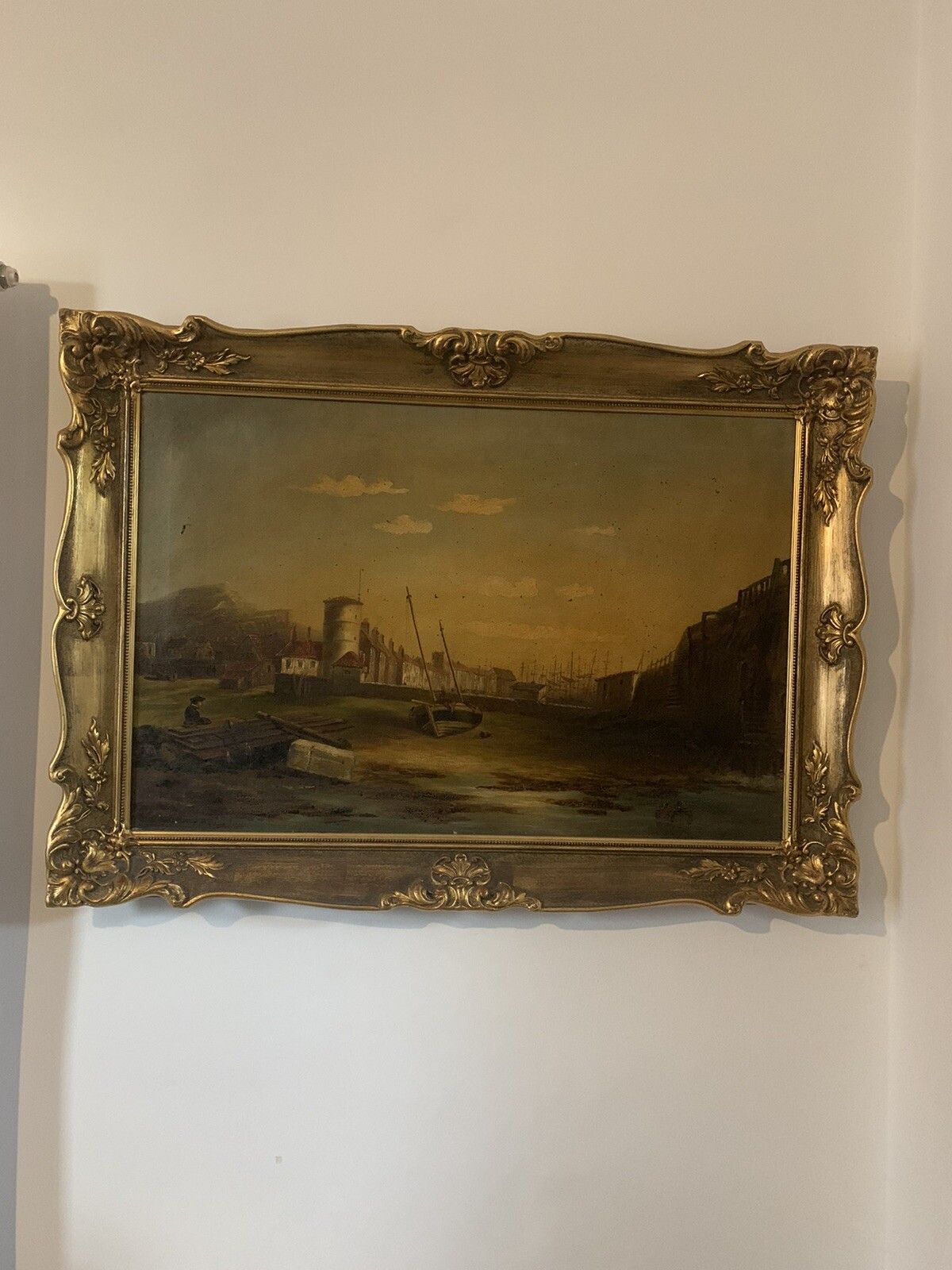 19tn Century Oil On Canvas Nautical Fishing Harbour Scene ￼In Style Of Godchaux photo vinterior