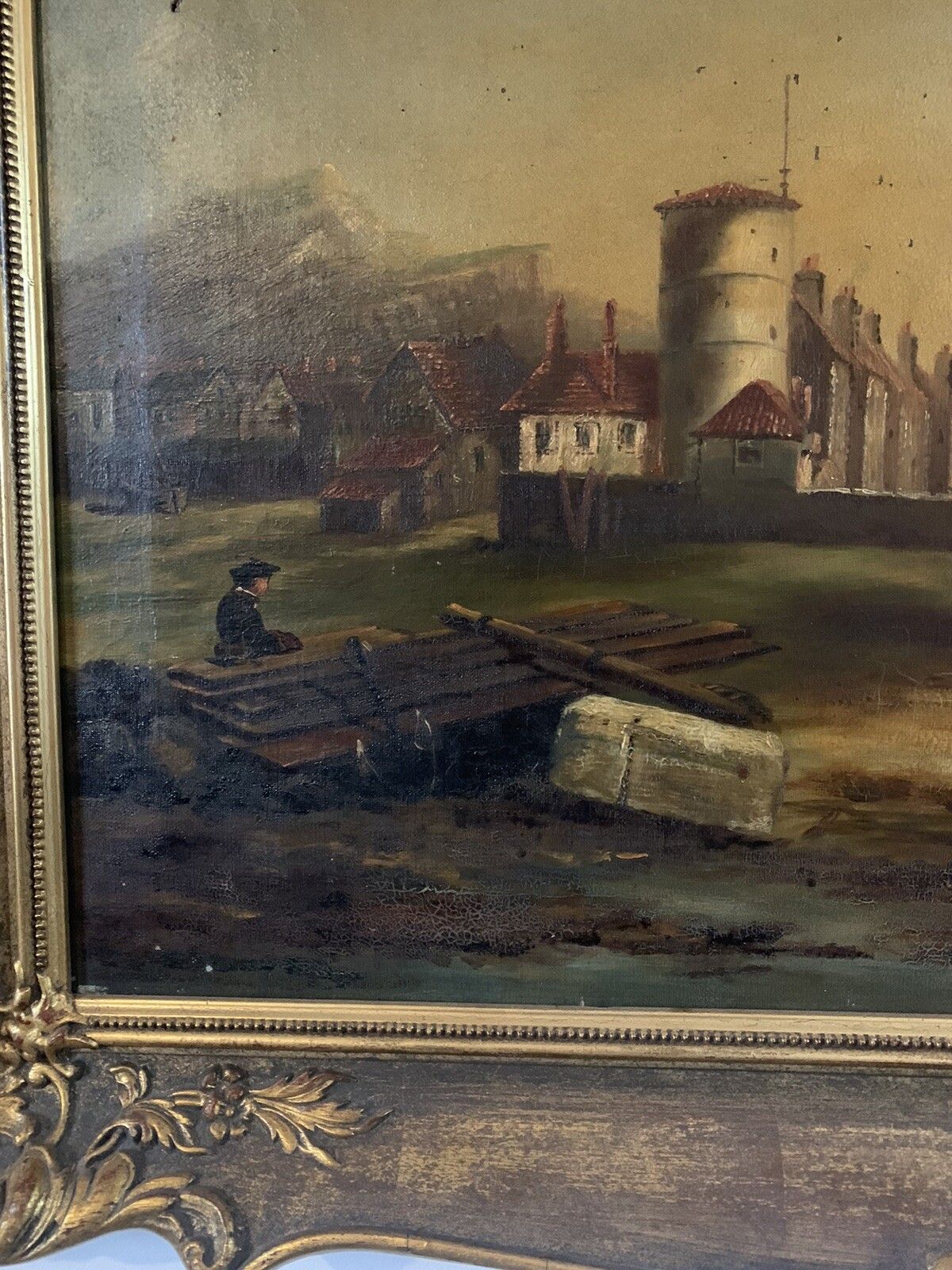 19tn Century Oil On Canvas Nautical Fishing Harbour Scene ￼In Style Of Godchaux photo buy