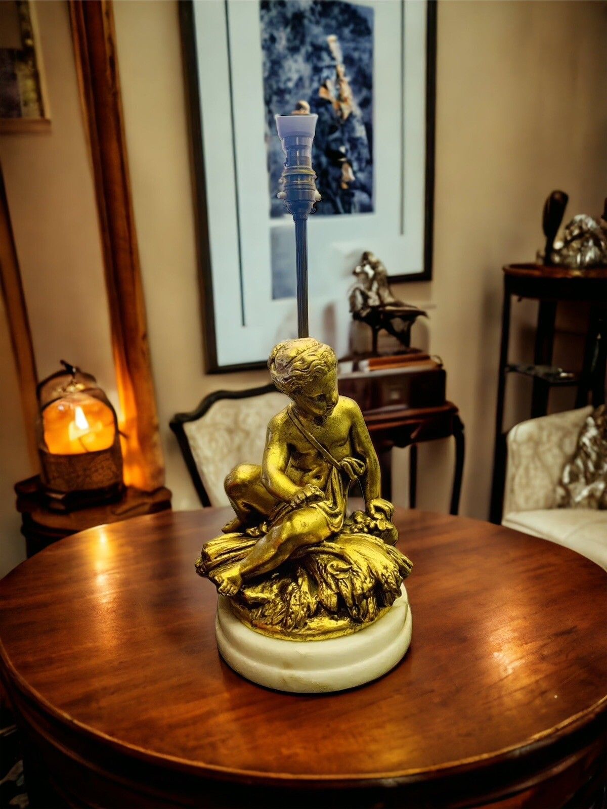 Mid Century 70’s Hollywood Marble And Gold Gilt Cherub Cupid Lamp Putti
