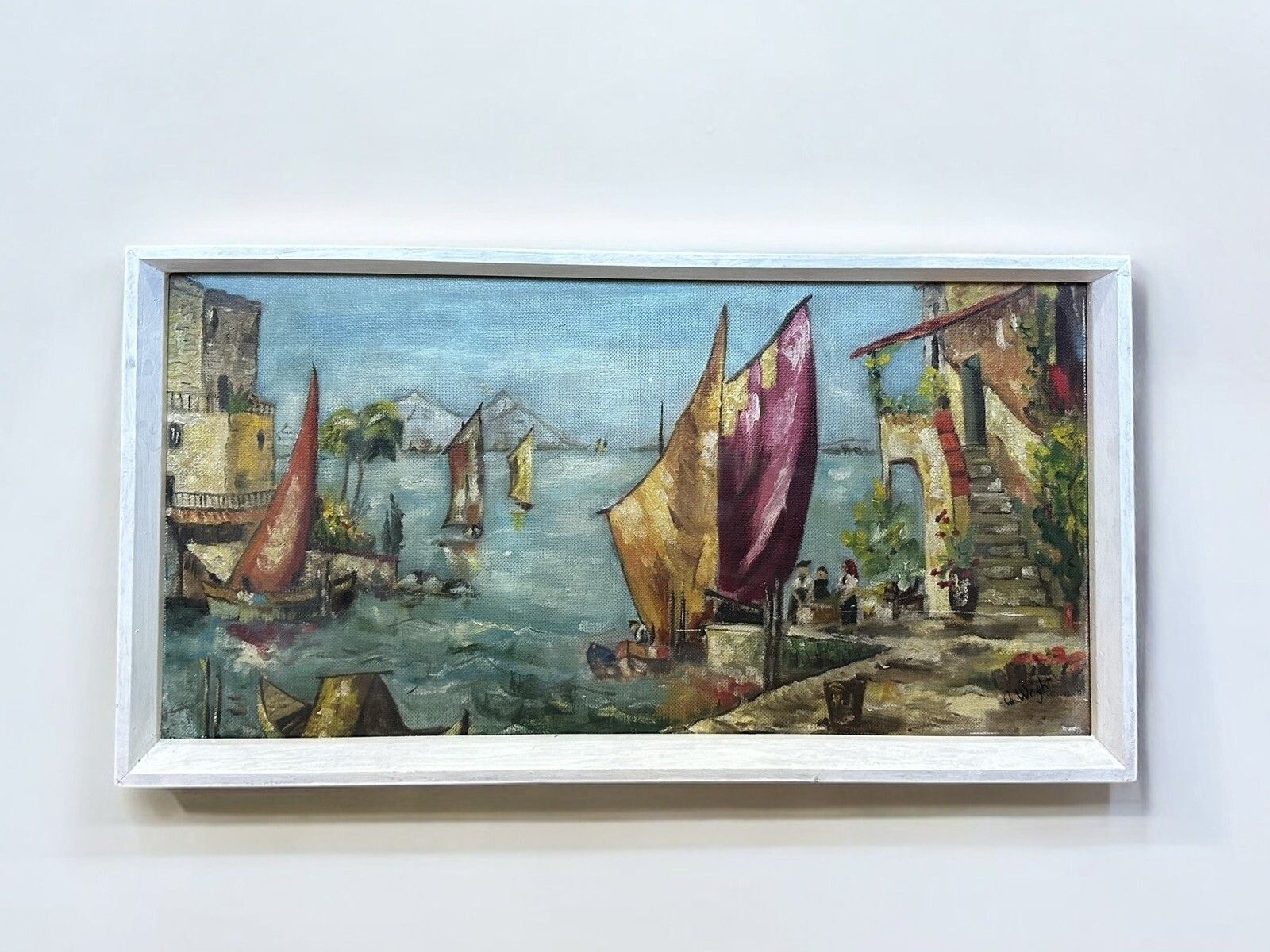 Mid Century Signed Painting French Seascape Harbour Scene 79cm By 41cm