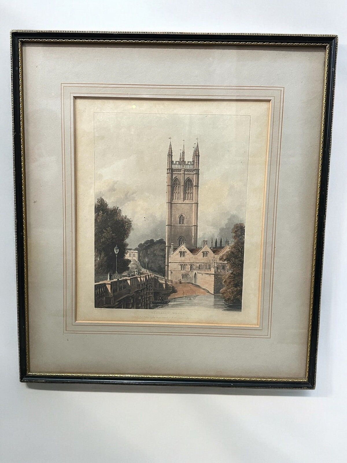Antique Aquatint Fine Art F Nash 1823 Magdalen Tower And Bridge Oxford photo furniture
