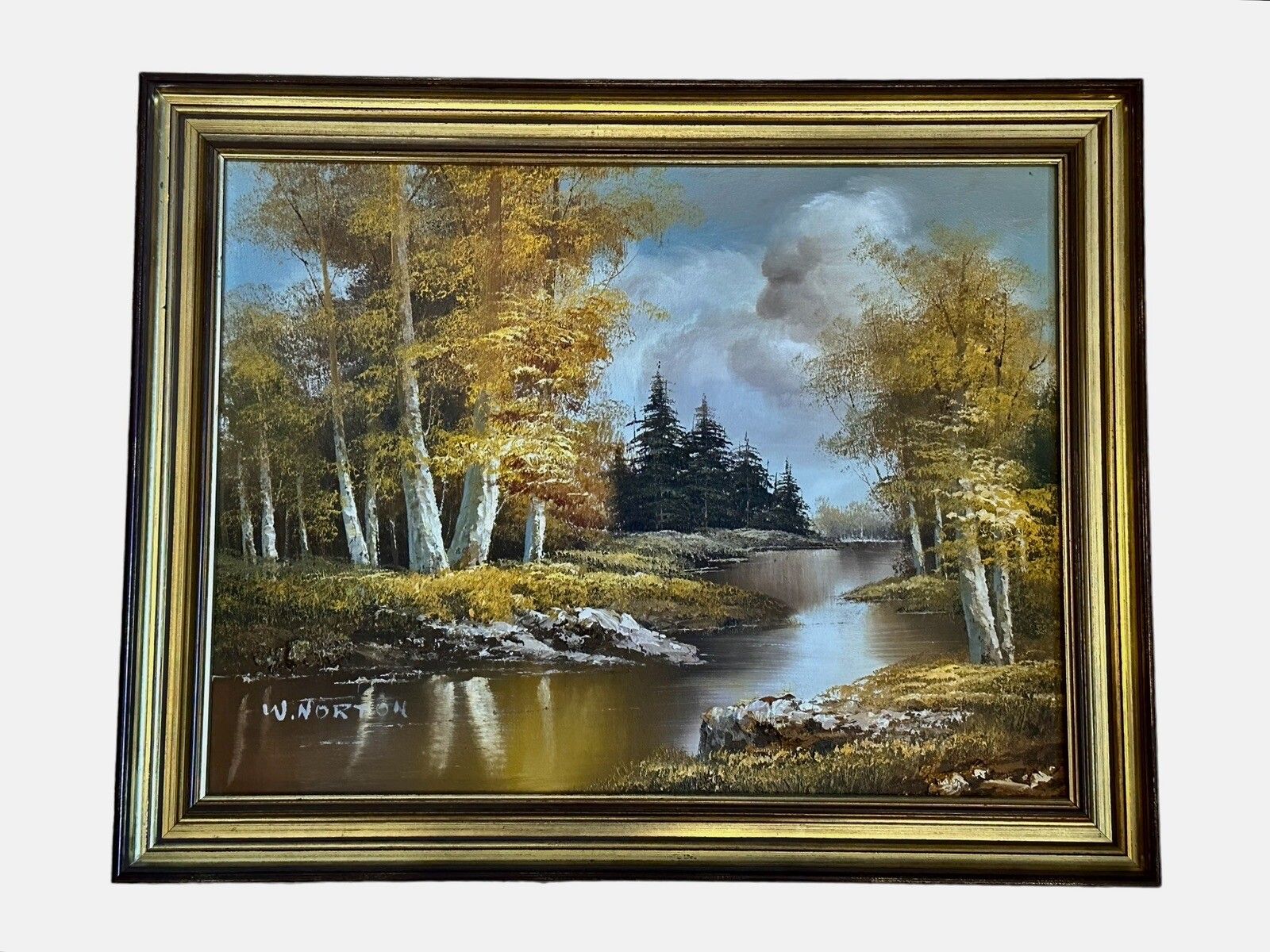 Original Signed Oil On Canvas Waterscape Landscape Forest Scene W Norton photo furniture