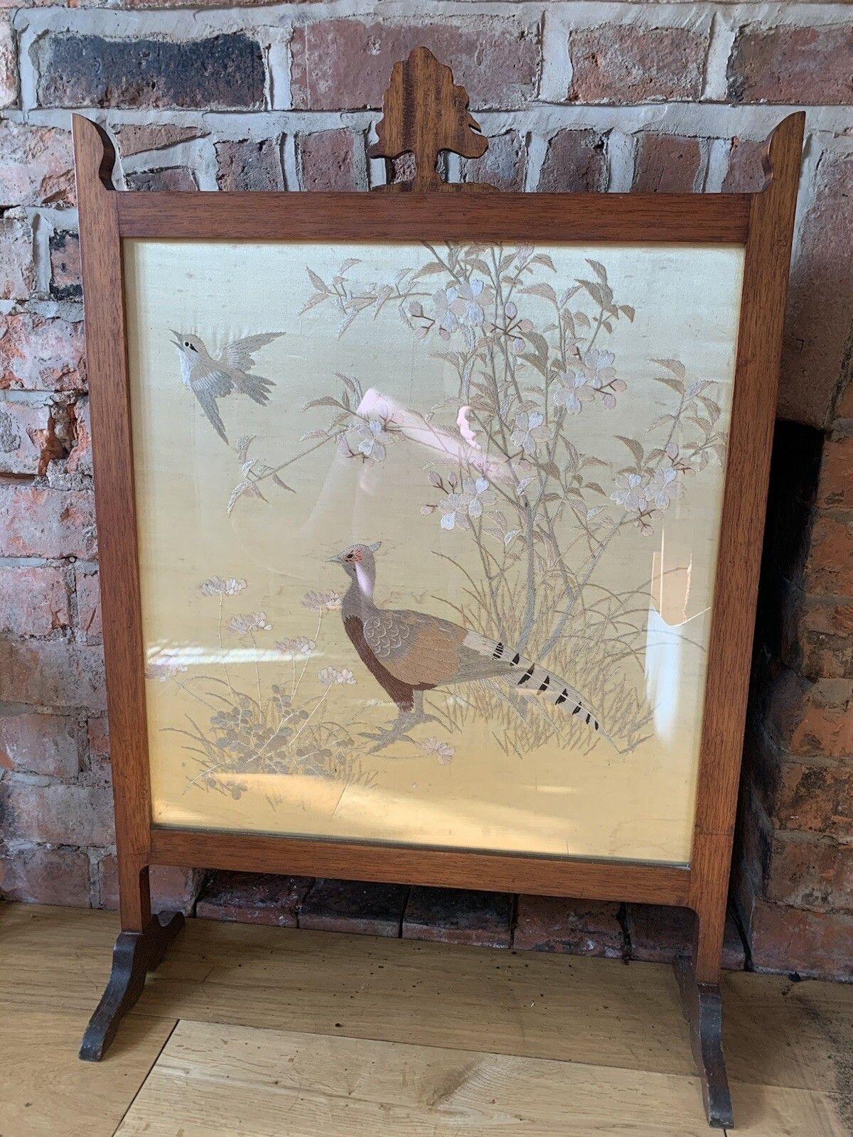 Stunning Edwardian Needlework Embroidered Oak Firescreen  Large Country House photo furniture