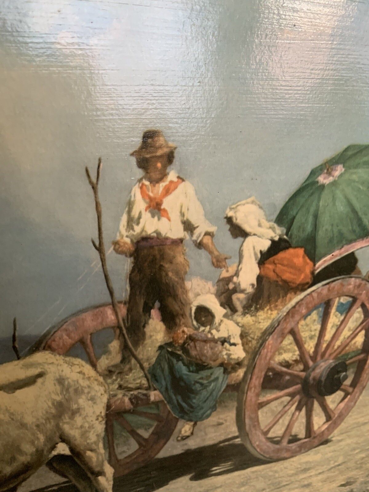 Mid Century Large Framed Print Painting Of Ox And Cart  110 Cm By 54cm photo Art