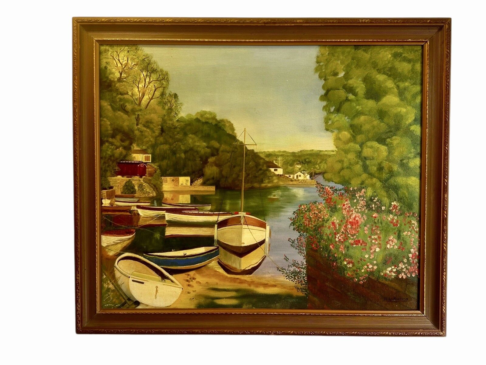 Fine Mid Century Oil Painting Harbour Scene Signed 68cm By 58cm photo for sale