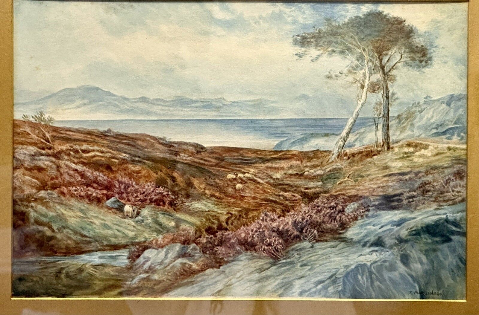 Antique 19th Century Signed Watercolour, Sheep Mountainous, Seascape Scene photo furniture