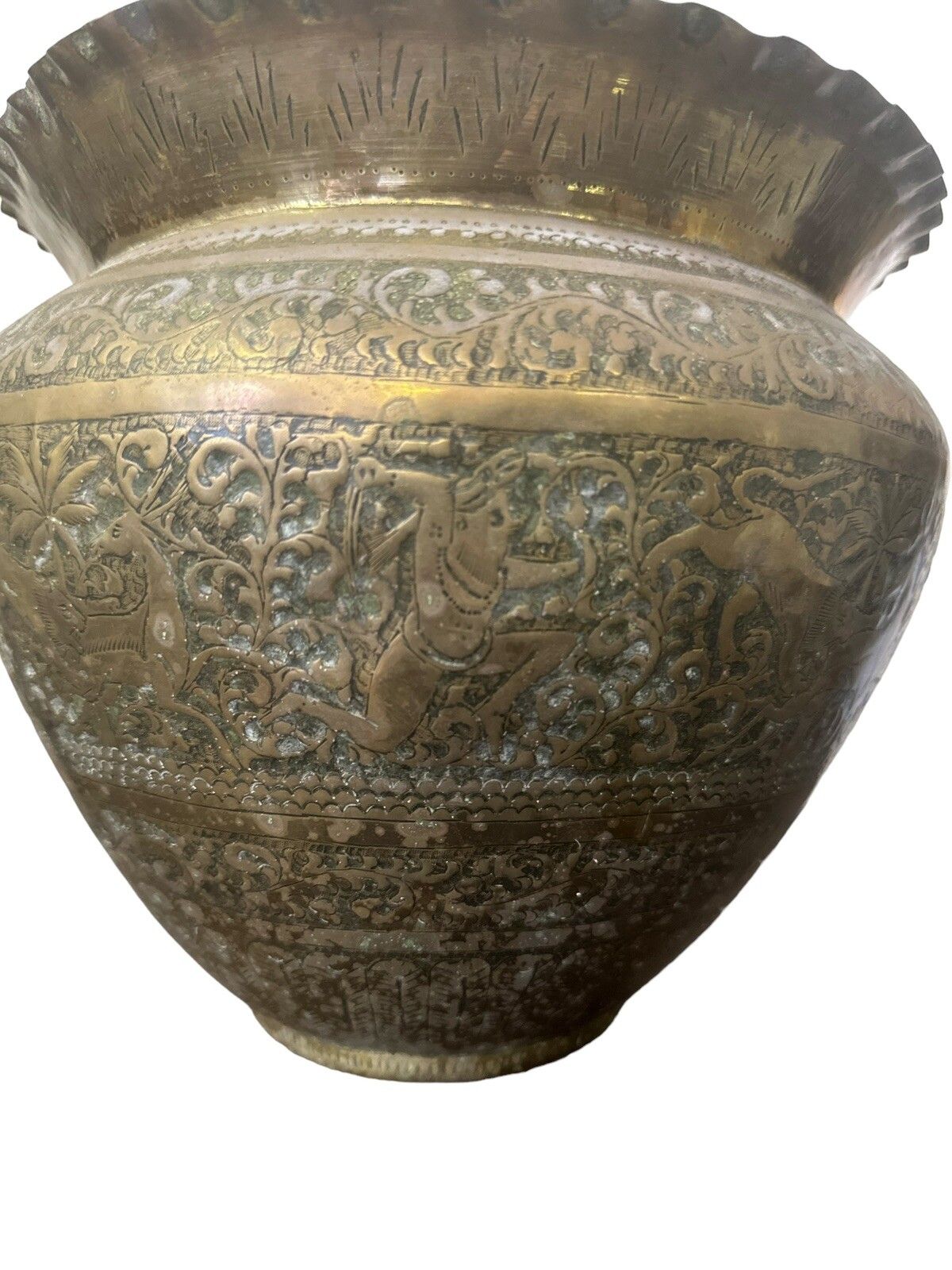 Antique 19th C Superb Fine Mameluk Brass Vessel Repousse Planter photo vinterior
