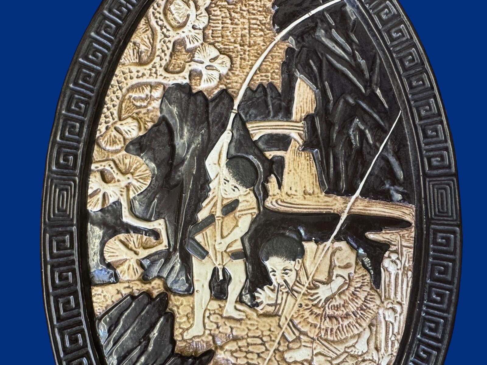 Antique Bretby Pottery Oval Oriental Japanese Pottery Wall Art Plaque...Gorgeous photo Art