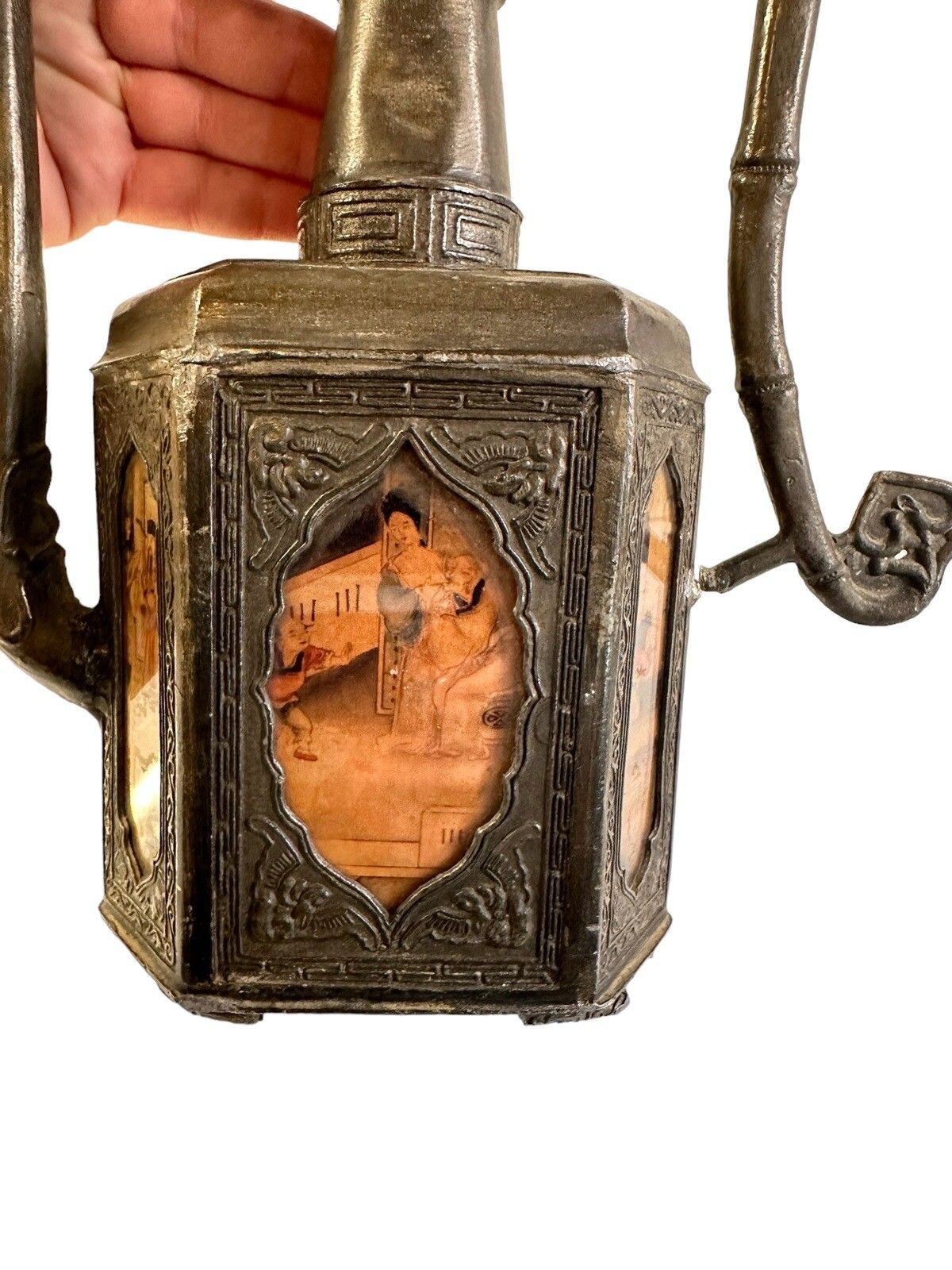 Antique Oriental Pewter Six Panel Glass Qing Dynasty Tea Pot photo furniture