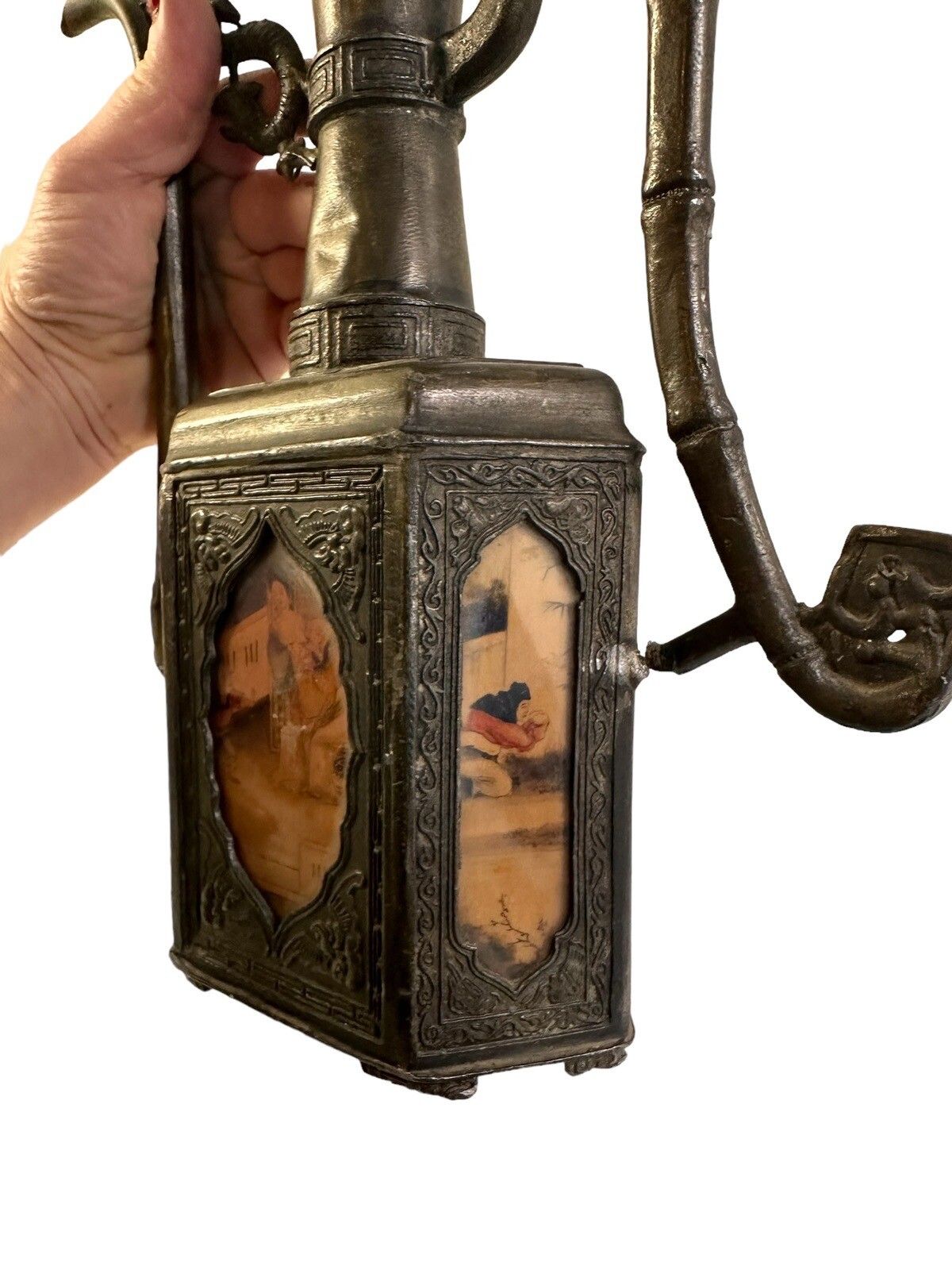 Antique Oriental Pewter Six Panel Glass Qing Dynasty Tea Pot photo for sale