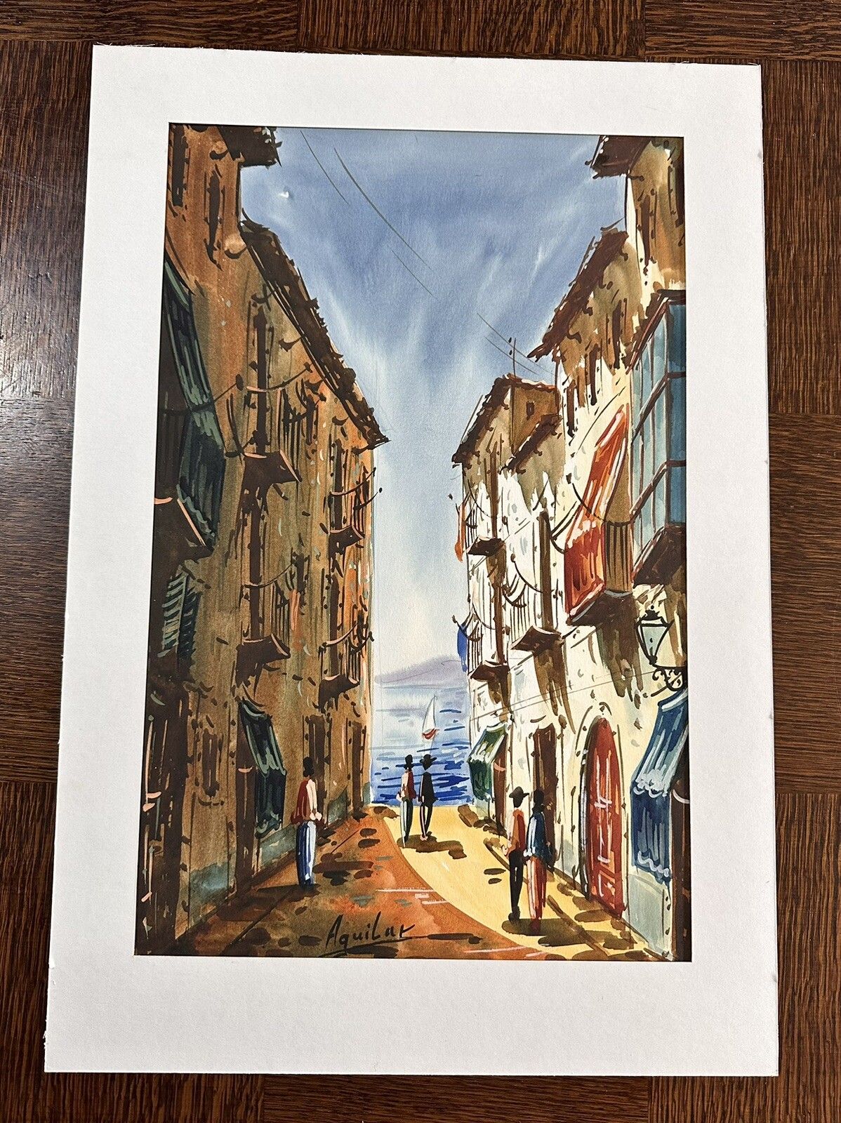 Original Signed Watercolour By Jorge Aguilar Barcelona Street Scene photo furniture