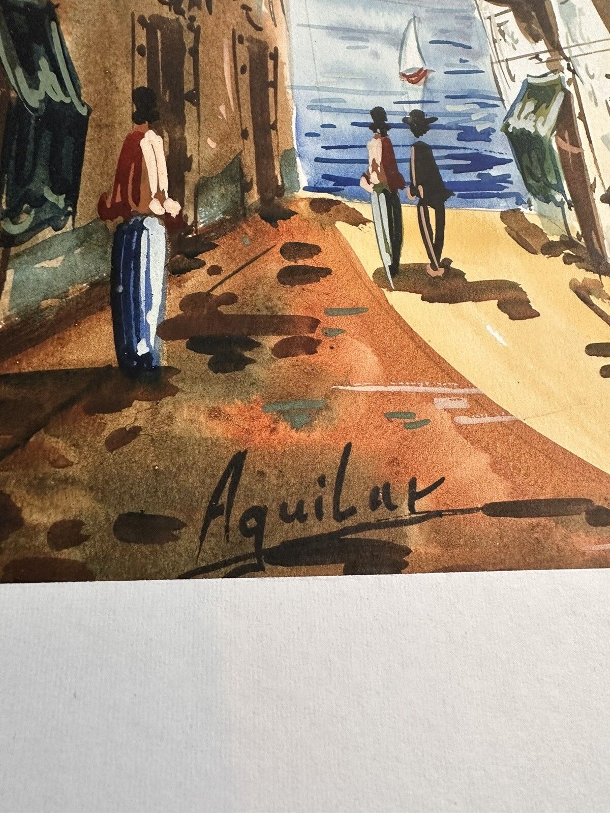 Original Signed Watercolour By Jorge Aguilar Barcelona Street Scene photo Art