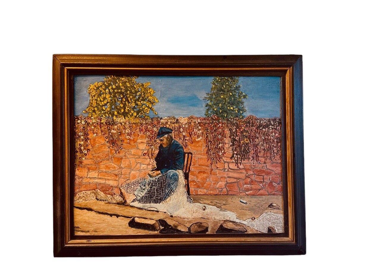 Mid Century Oil  Painting  Cornish Scene Fisherman  36cm By 31cm photo for sale