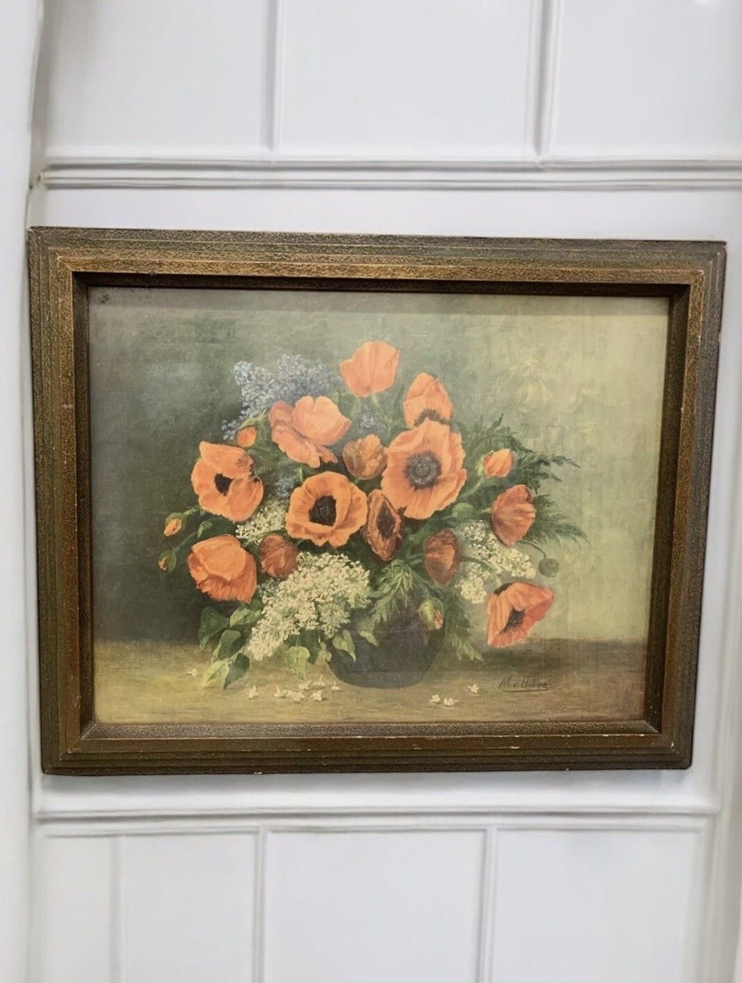 M. V. Bibra Red Poppies  Antique Painting Floral Signed Glass Flower 71x57cm