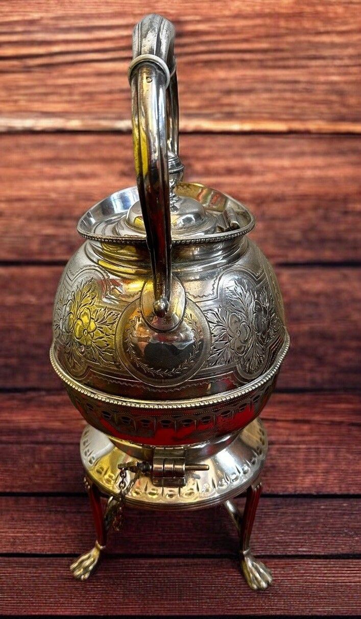 Victorian Spirit Tea Kettle On Stand, Circa 1880 Lion Feet  Highly Decorative photo 95.0