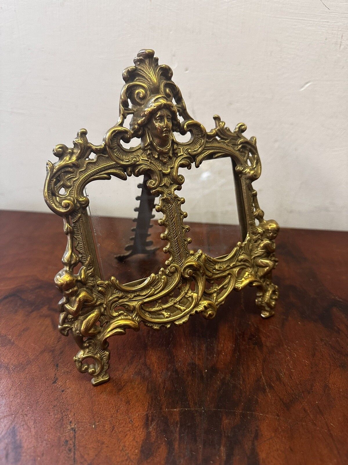 Superb Brass Cherub Putti Medusa Twin Rococo Easel Glazed Photo Frame