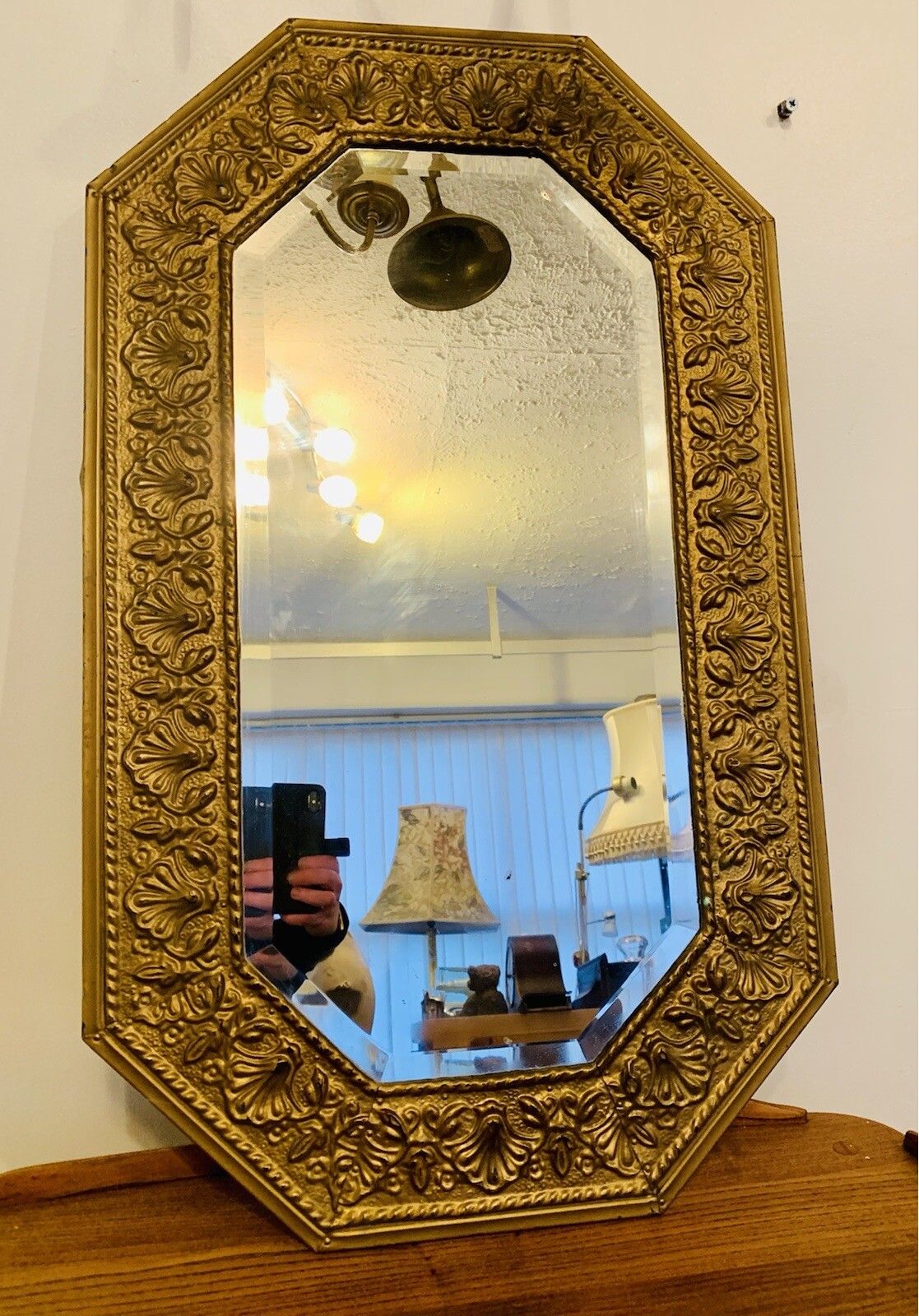 Mid Century French Embossed Metal Gold Ornate Mirror  Bevelled 76cm By 46cm photo furniture