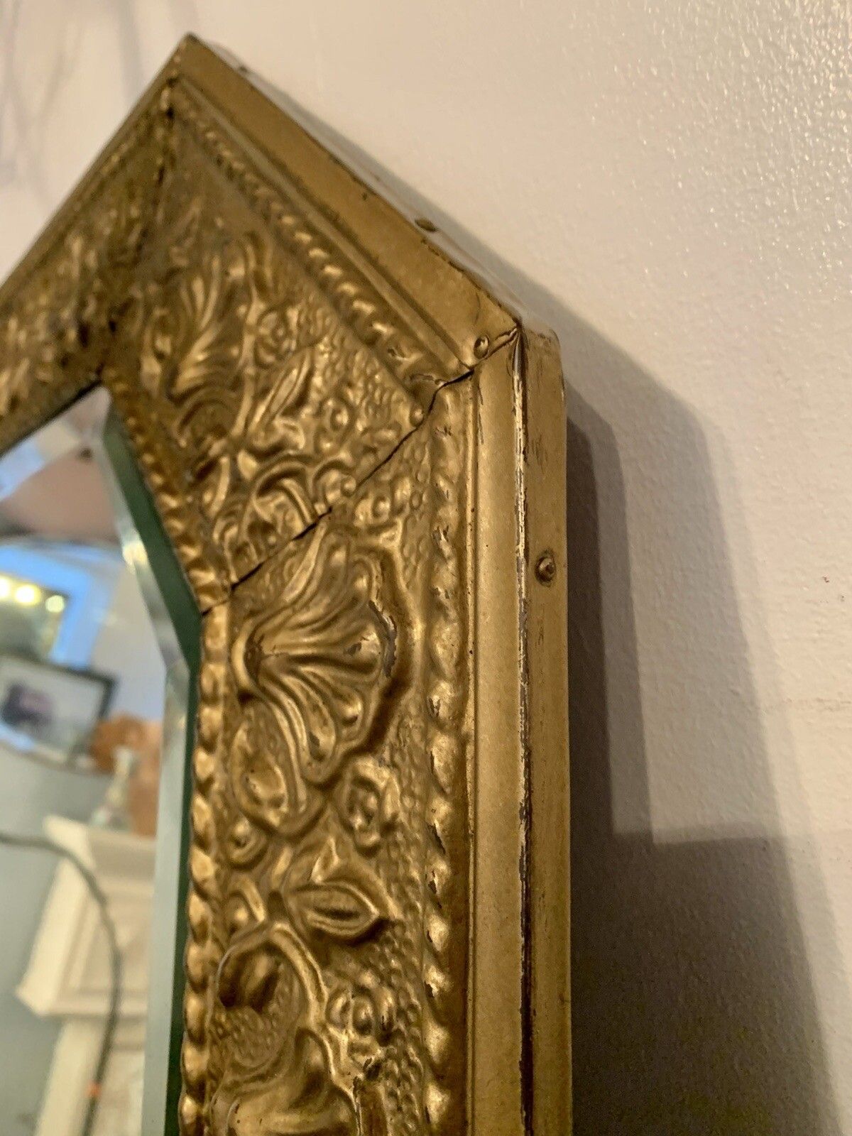 Mid Century French Embossed Metal Gold Ornate Mirror  Bevelled 76cm By 46cm photo 125.0