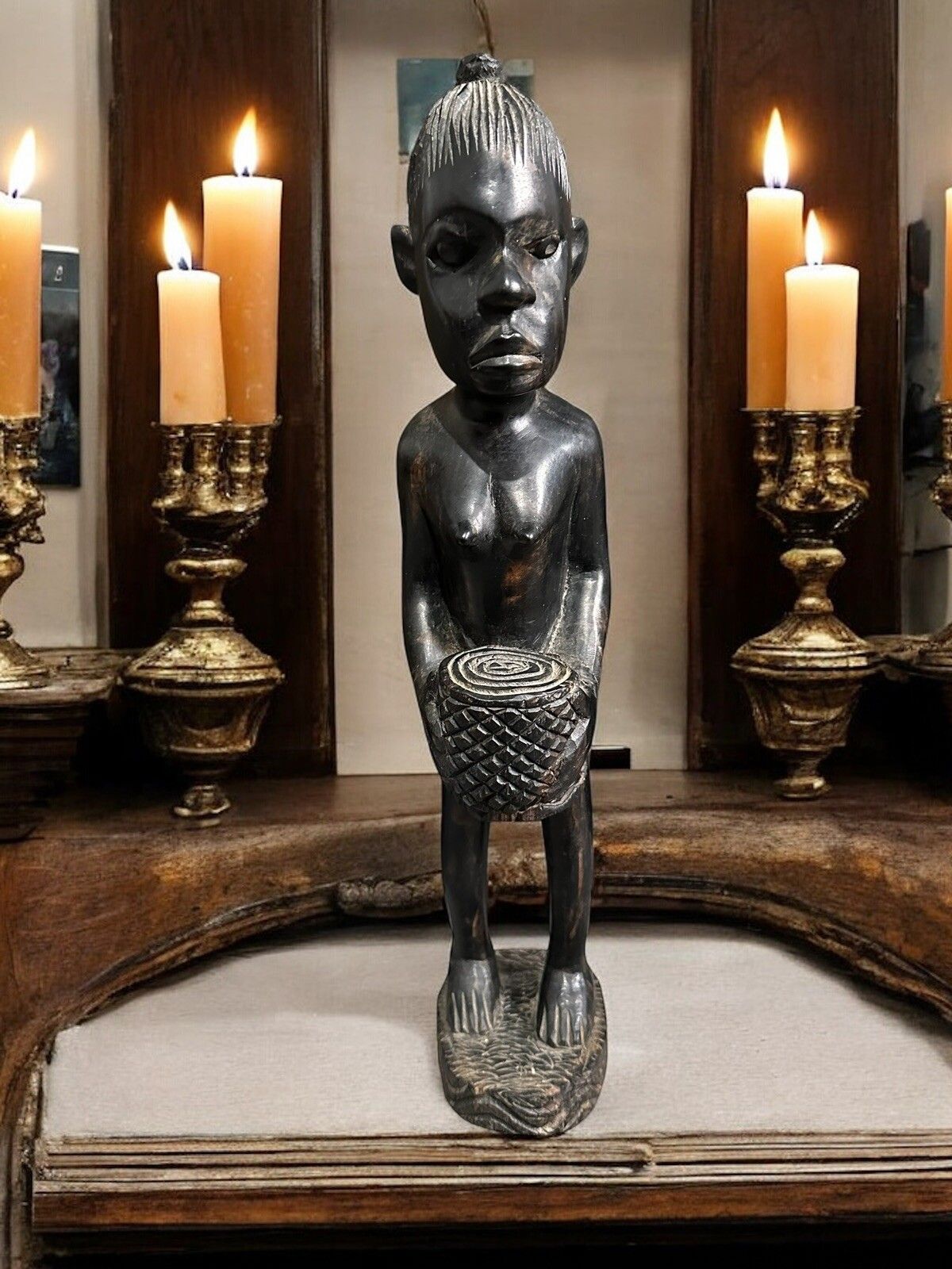 Antique Old Wooden Hand Carved Black African Tribal Woman Figure Sculpture photo furniture