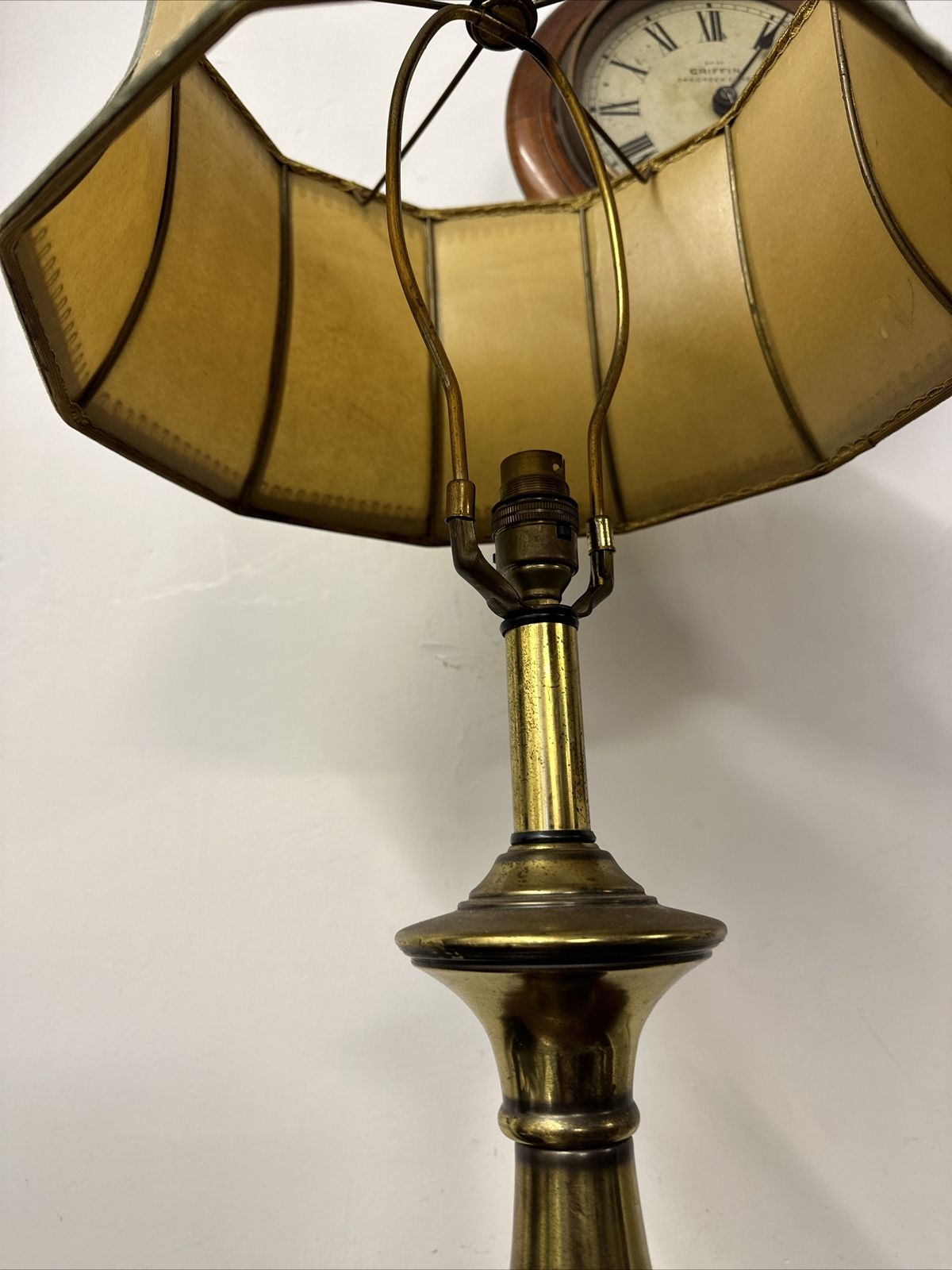 Beautiful Huge 32” Antique Brass Bulbous Lamp With Stunning Shade photo for sale