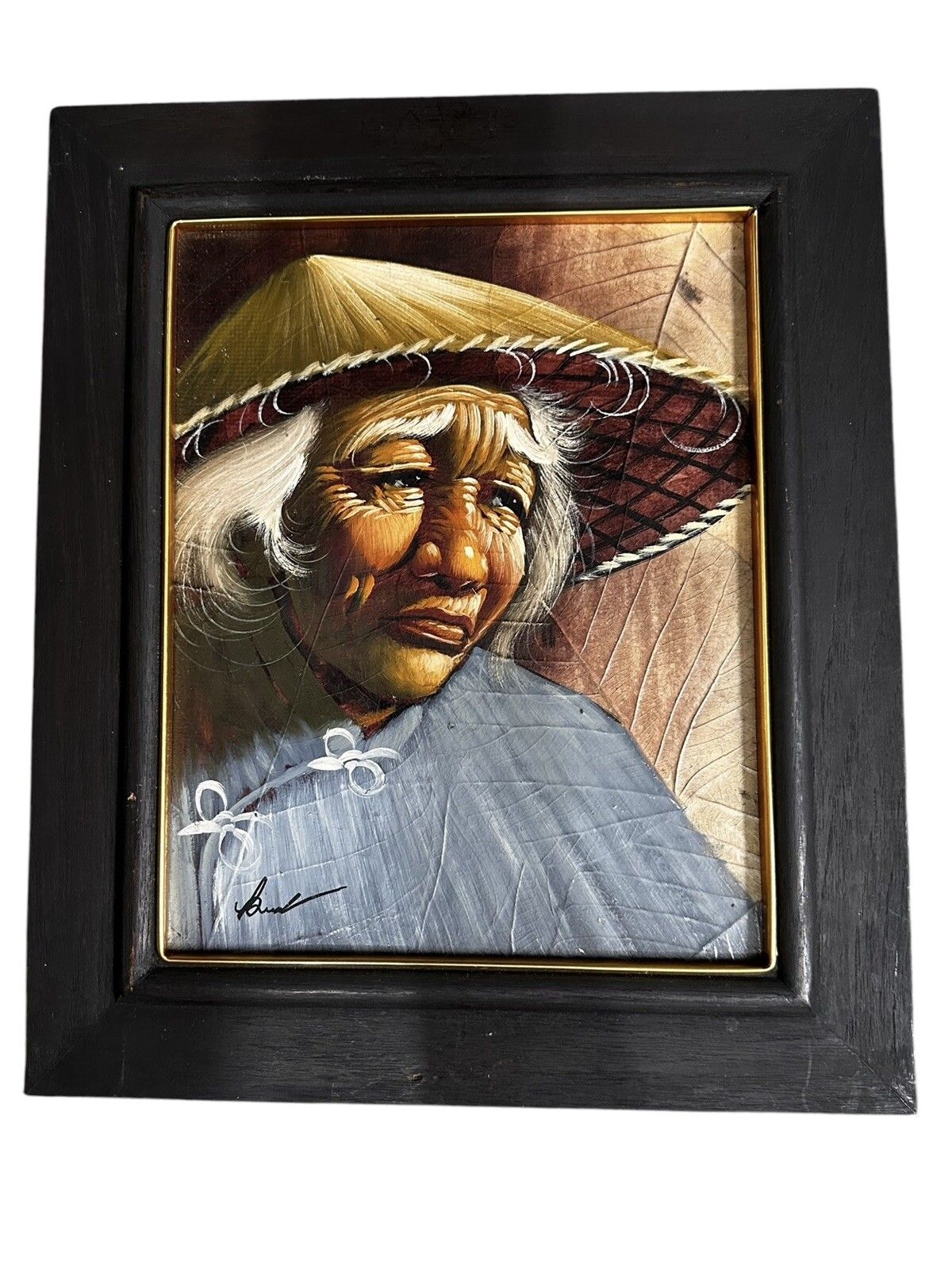 Old Oil Painting On Leaf Oriental Portrait Of A Lady  Signed 34cm By 29cm