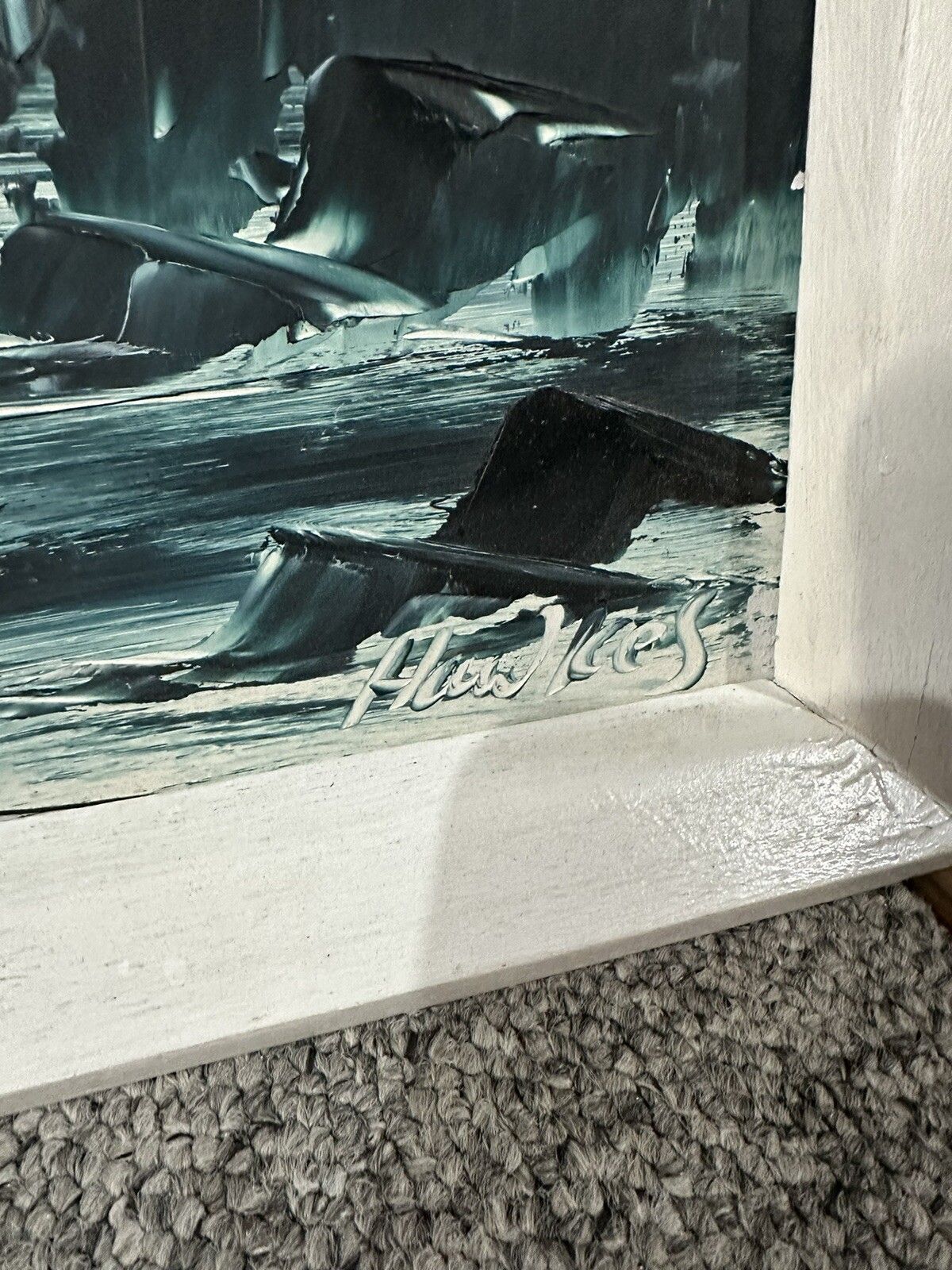 Mid Century Original Signed Fishing Nautical Maritime Scene 80cm By 48cm photo for sale