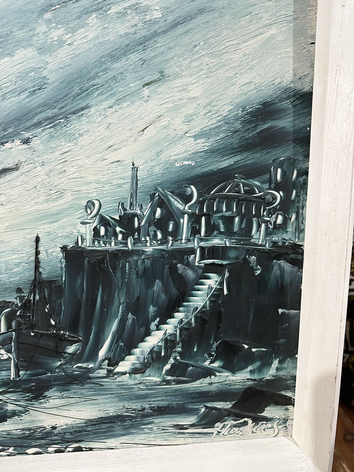 Mid Century Original Signed Fishing Nautical Maritime Scene 80cm By 48cm photo Art