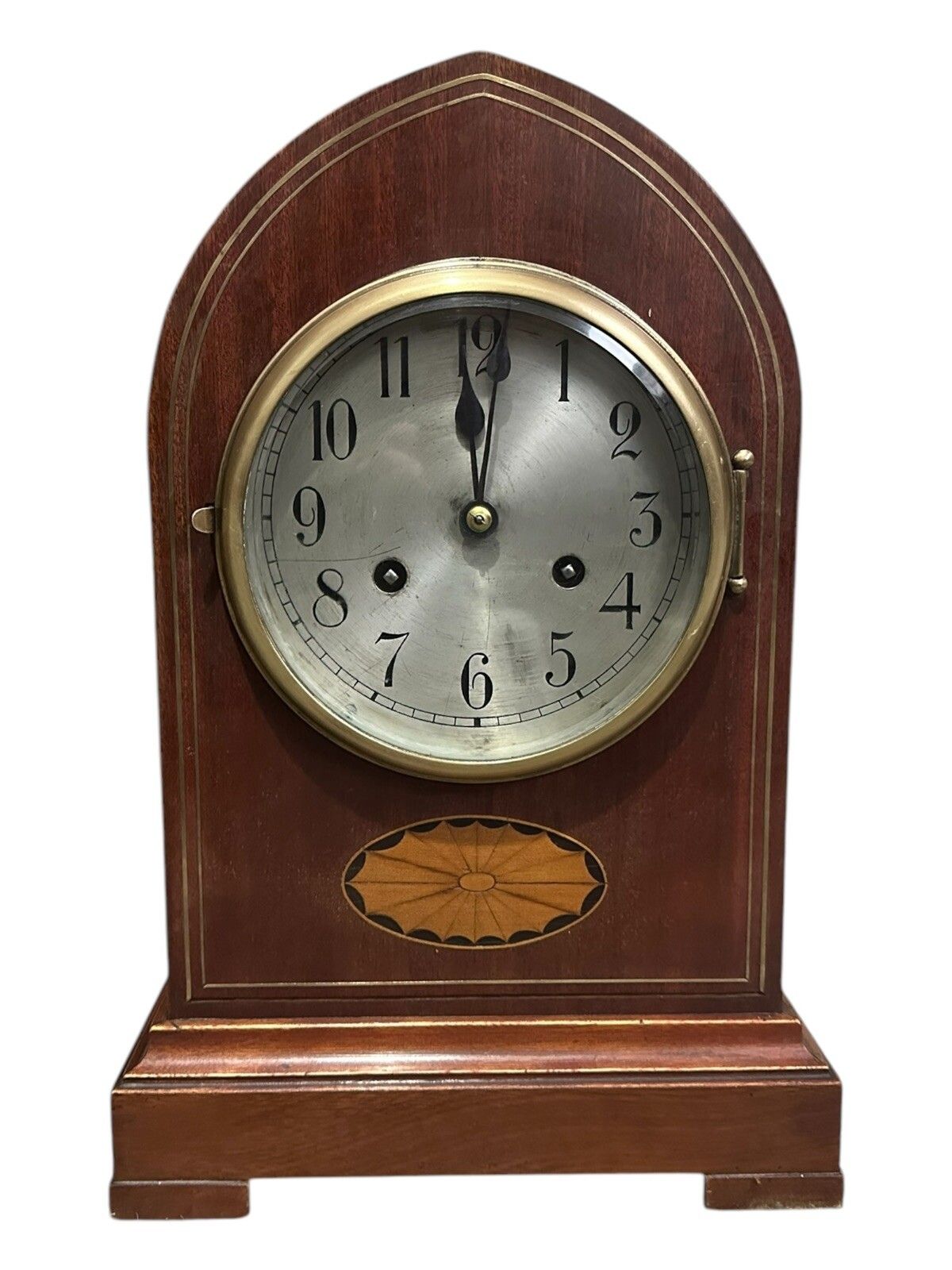 Antique Early Gustav Becker Arched Lancet Brass Inlaid Mantle Clock photo furniture