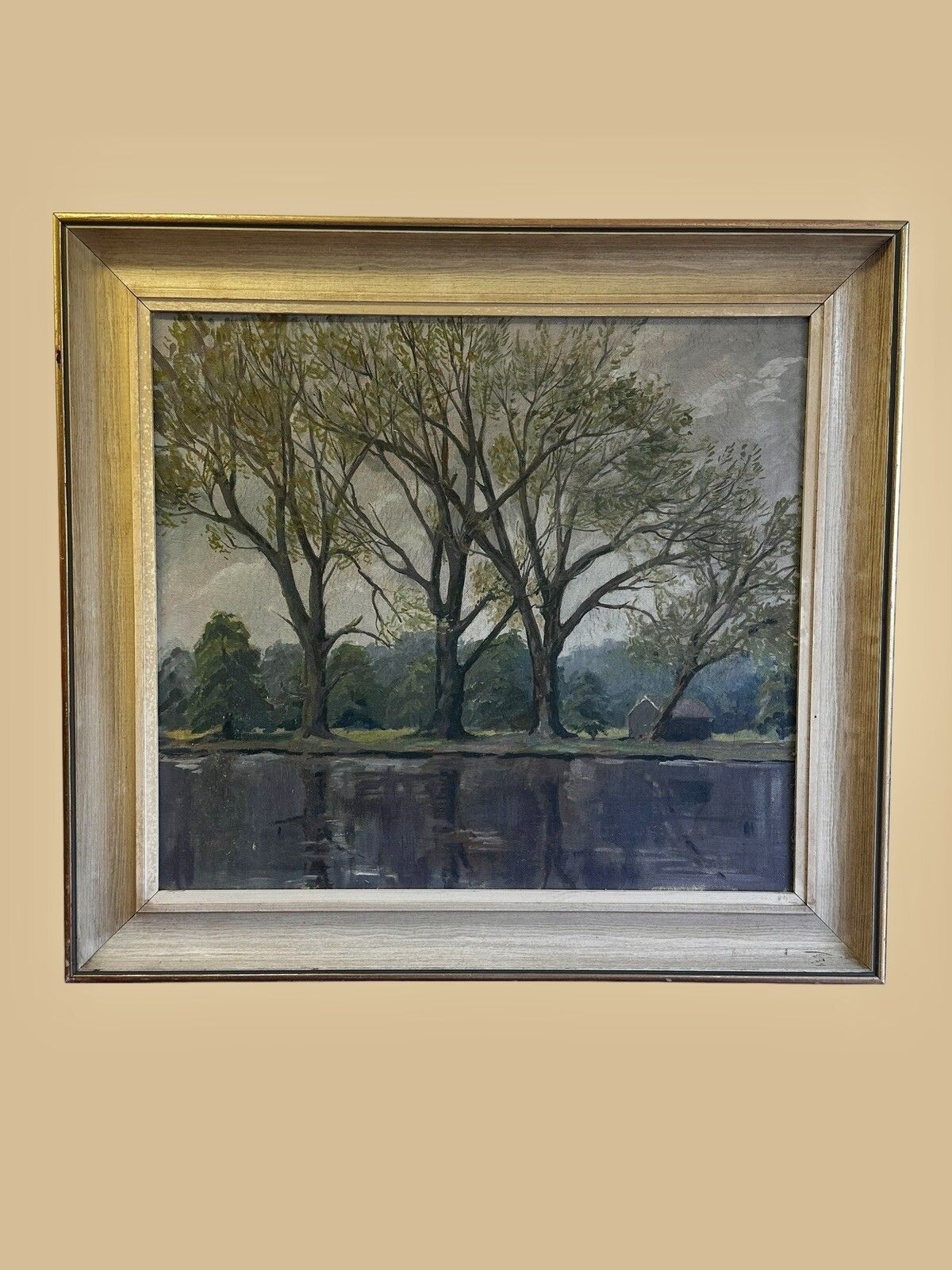 Mid Century C1960’s Canvas Painting Woodland Lake River Scene 64cm By 59cm