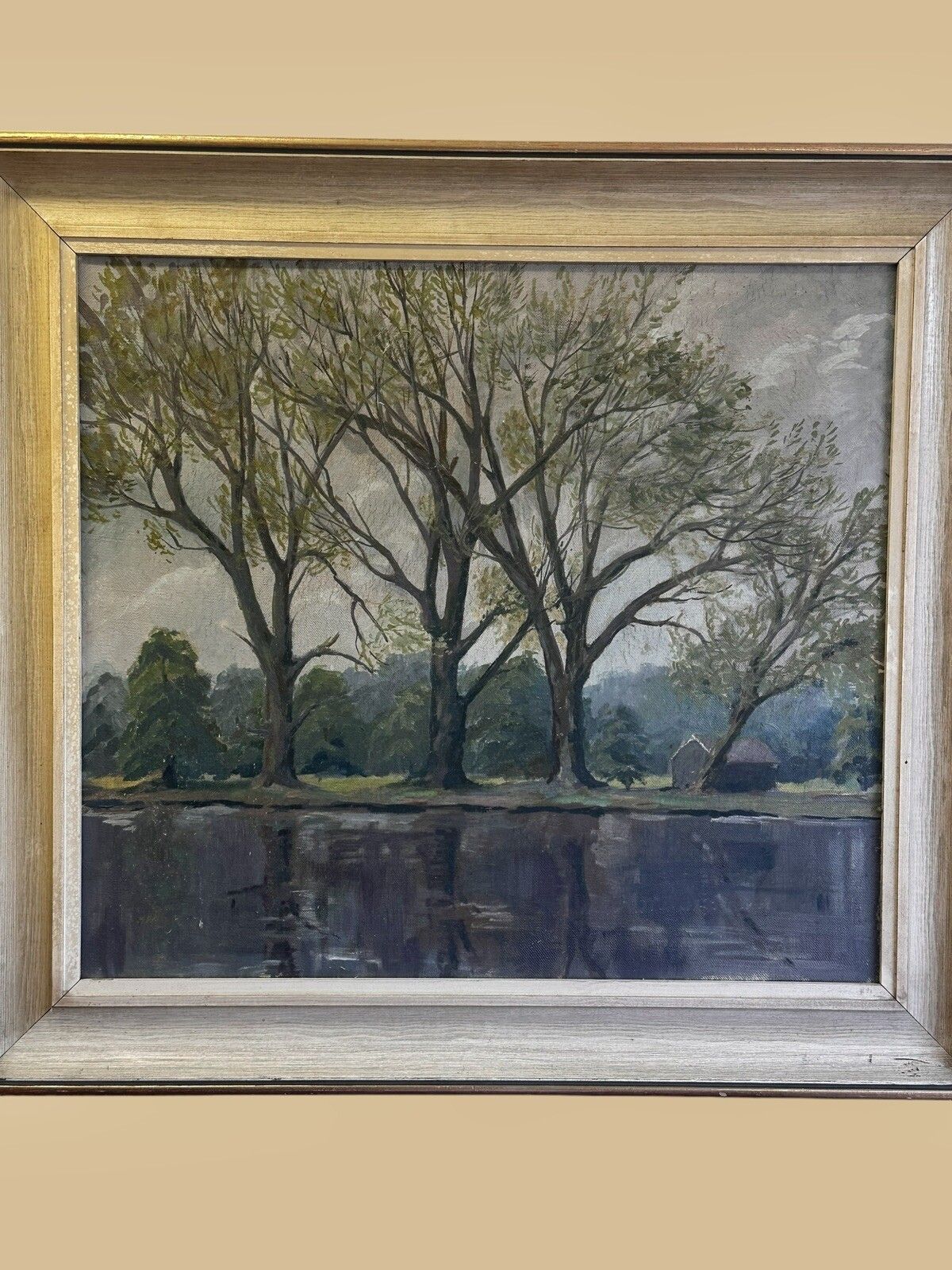 Mid Century C1960’s Canvas Painting Woodland Lake River Scene 64cm By 59cm photo furniture