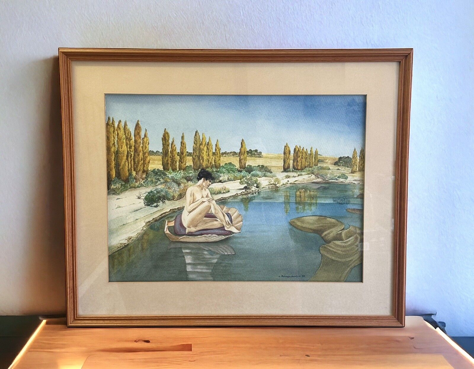 Vintage Original Signed Watercolour Painting Nude Oasis 59cm By 49cm